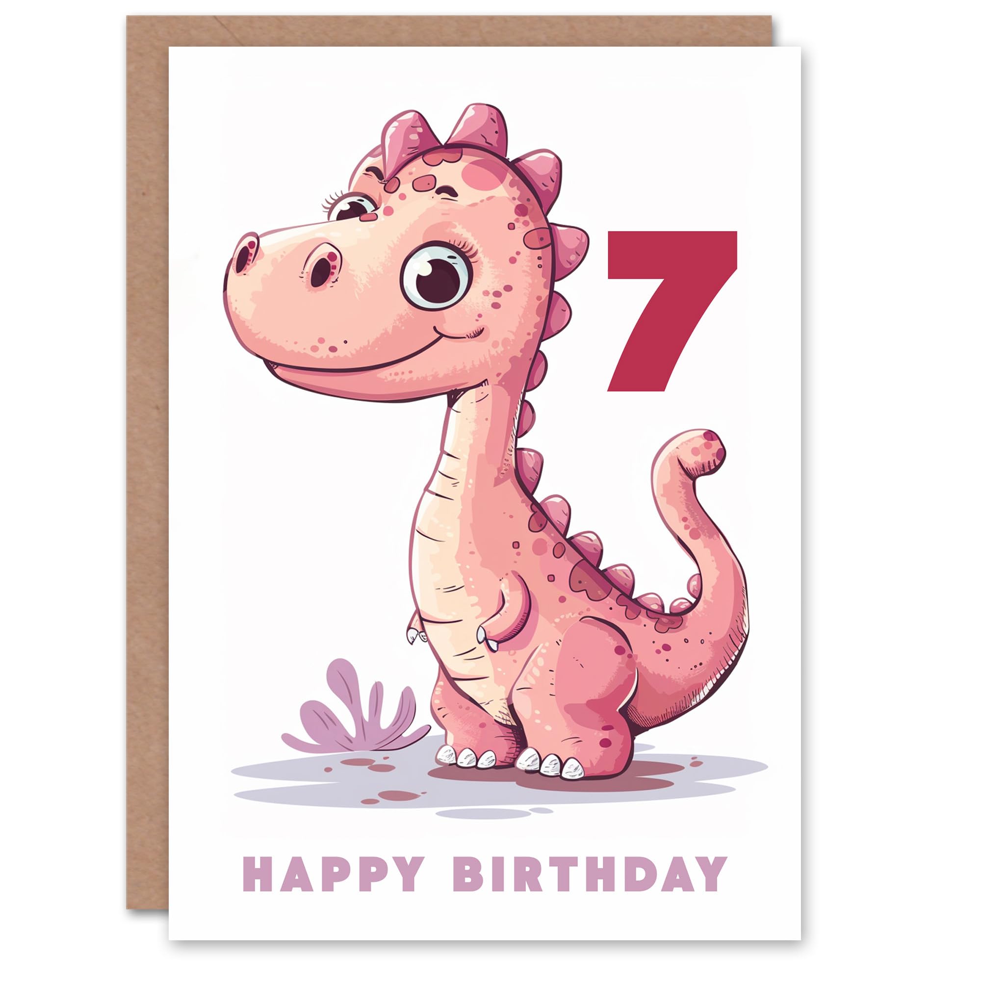 Artery8 7th Birthday Card Cute Pink Baby Dinosaur Cartoon Kids Age 7 Year Old Child For Son Daughter Girl Boy Happy Card