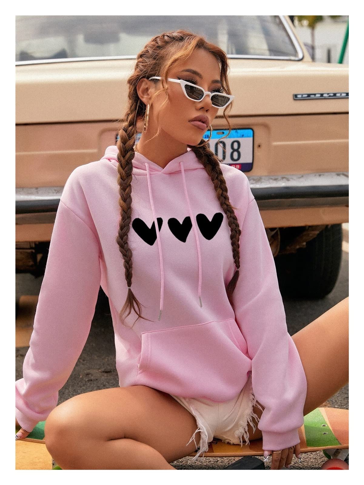 Sweat à capuche femme manches longues pull uni décontracté rose