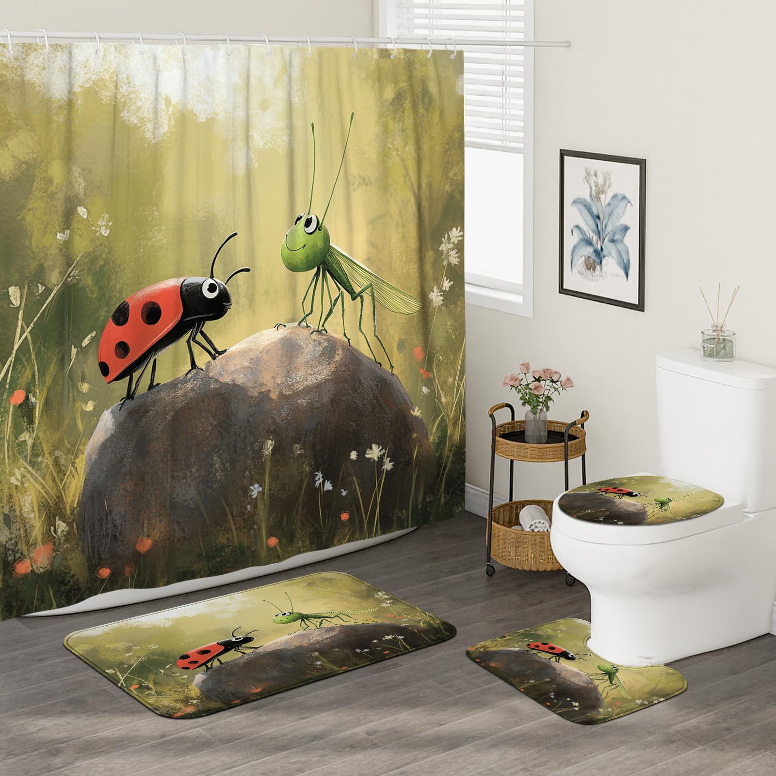 DESIHOM 4PCS Cartoon Kids Ladybug Shower Curtain 72''x72'' with Hooks, Bathroom Accessory Sets with Bath Mat, U Shape and Toilet Lid Cover Mat, Anime Fun Insect Home Fabric Decor