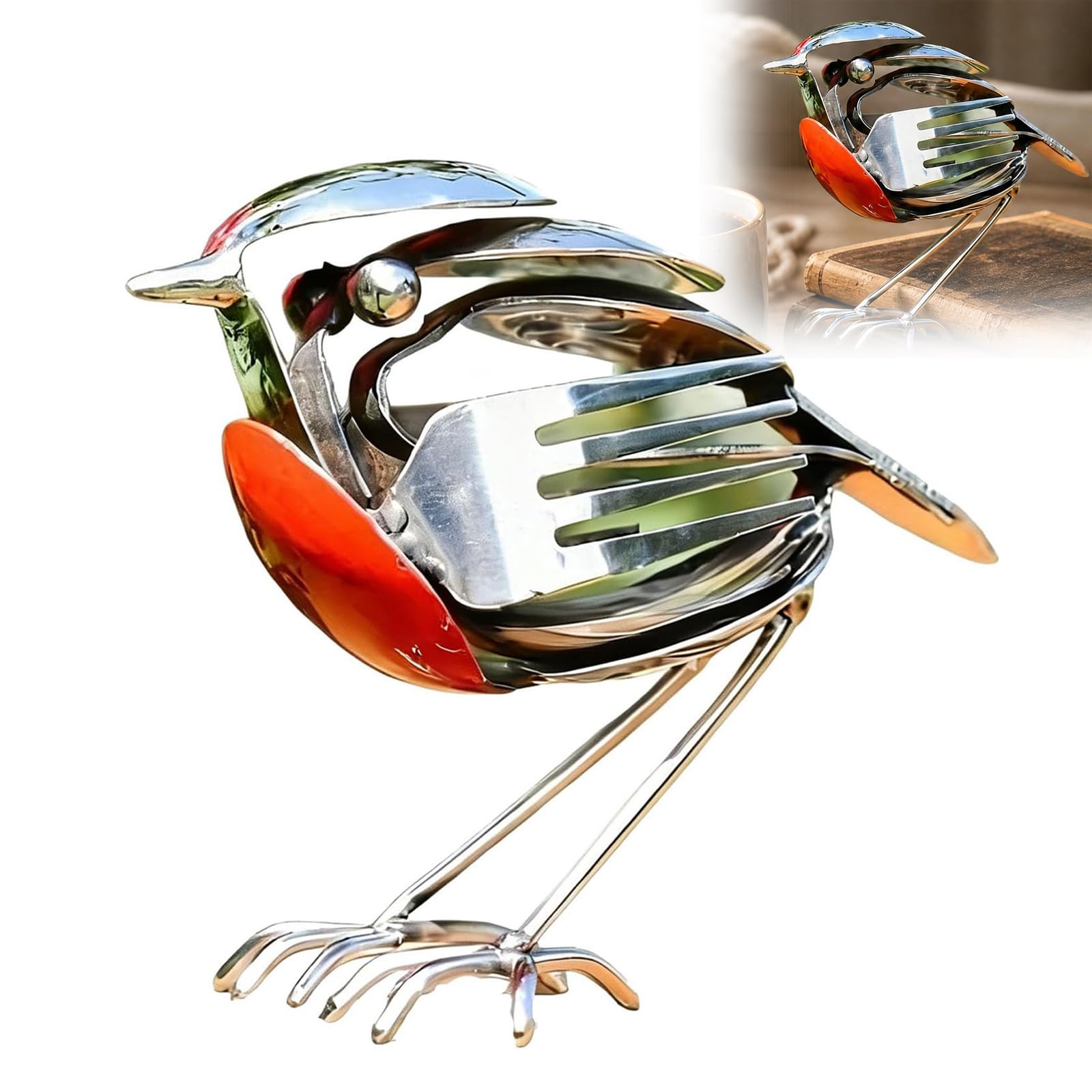 DR.AF Metal Robin Garden Ornament, Silver Robin Ornament, Handcrafted Bird Statue with Red Breast, Weatherproof Rustic Decor for Outdoor Yard Patio Lawn, Unique Garden Gift for Bird Lovers