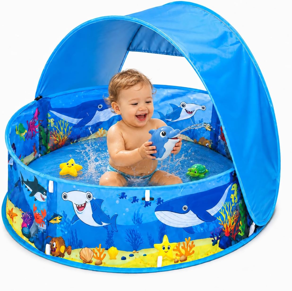 Etna Toys Pop Up Baby Pool with Canopy – Kiddie Pool with Sun Shade, Mesh Window & Carry Bag, Shark & Ocean Theme for Toddlers & Babies, 36" Foldable Splash Pool for Outdoor Backyard Play