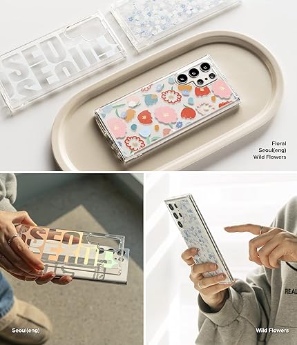 Miniatura 7 de Ringke Fusion Design - Funda compatible con Samsung Galaxy S22 Ultra 5G (2022), parte trasera dura transparente con flores, diseño para niñas y
