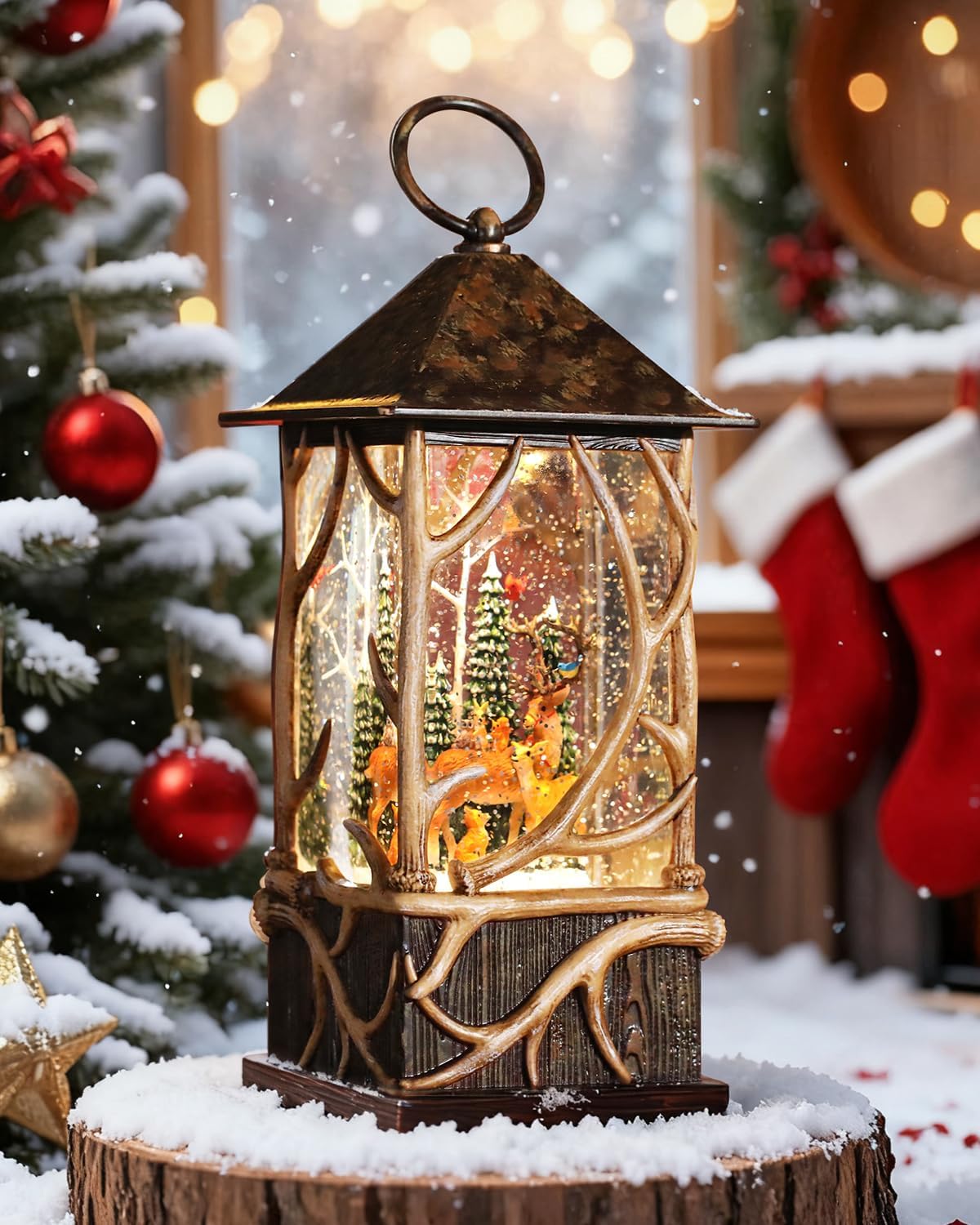 Winter Forest Reindeer Cardinals Snow Globe Lantern for Christmas Decorations, Musical and Luminous,USB or Battery Operated