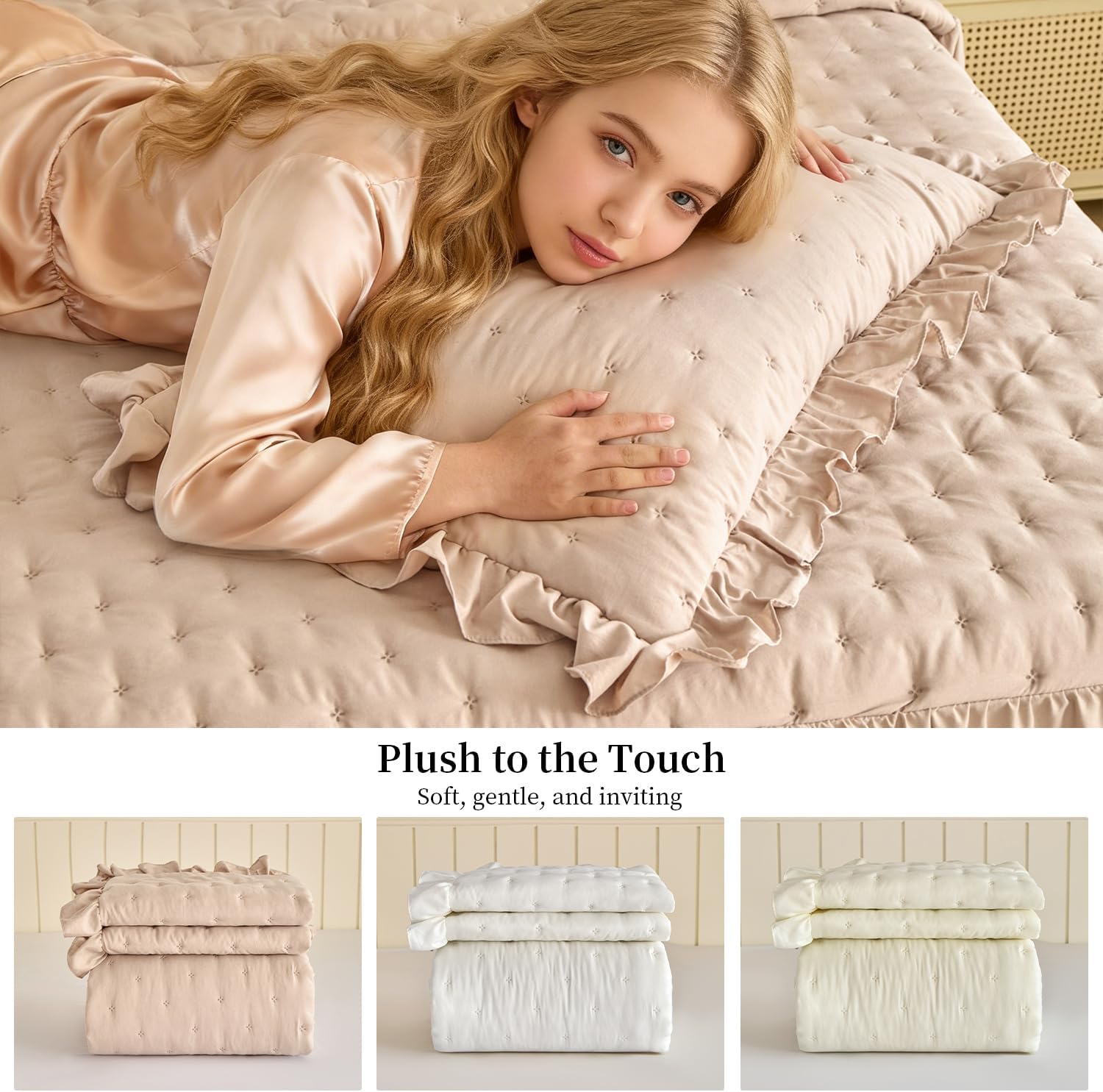 Ruffle Skirt Bedspread Set - 3 Piece Vintage French Country Rustic Farmhouse Quilted Bedspreads,Bed Skirt Queen Size 30" Long Drop