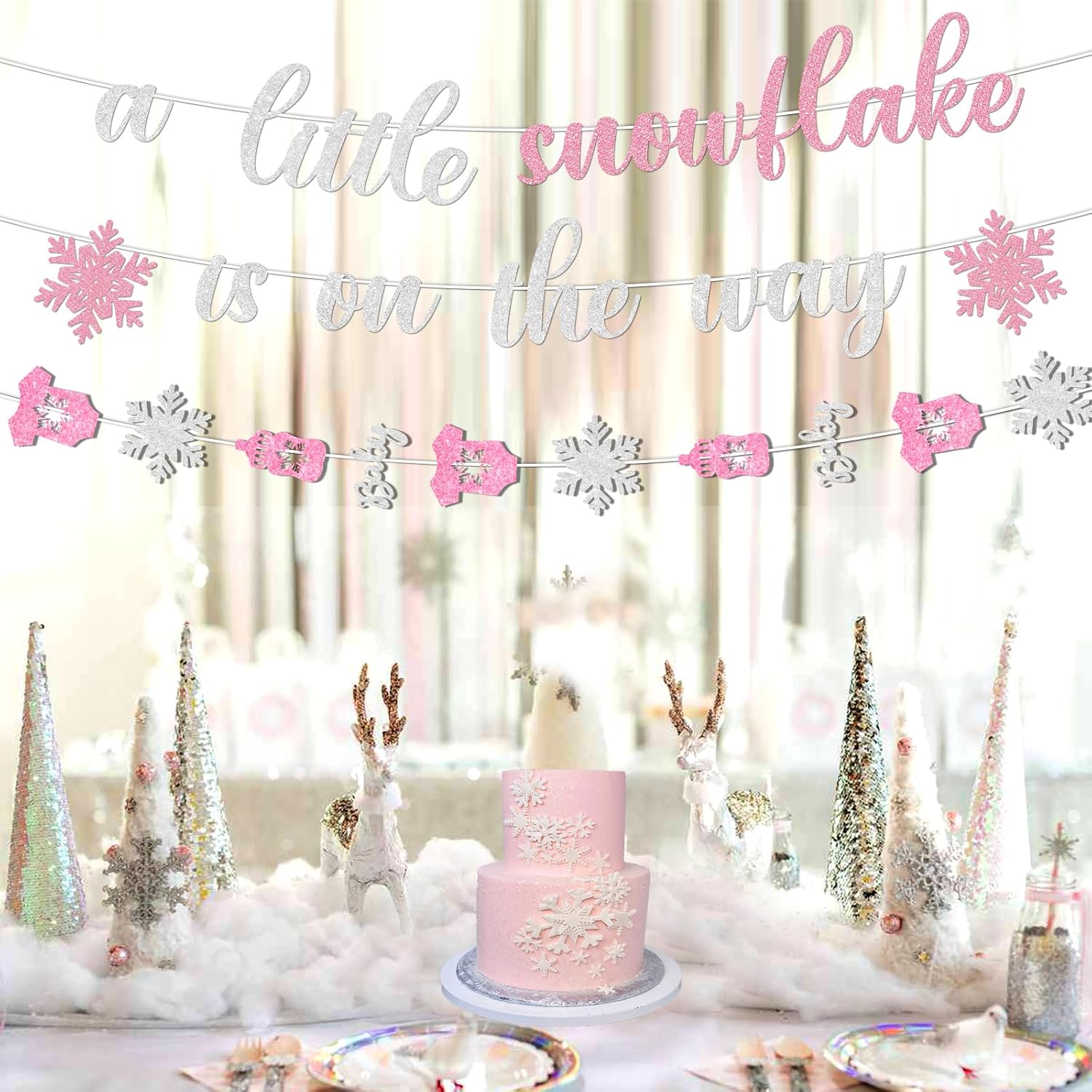 A Little Snowflake is On The Way Banner Pink Winter Snowflake Baby Shower Decor for Girl Onderland Hanging Garland Winter Onderland Baby Shower Decor for Winter Xmas Snowflake Gender Reveal