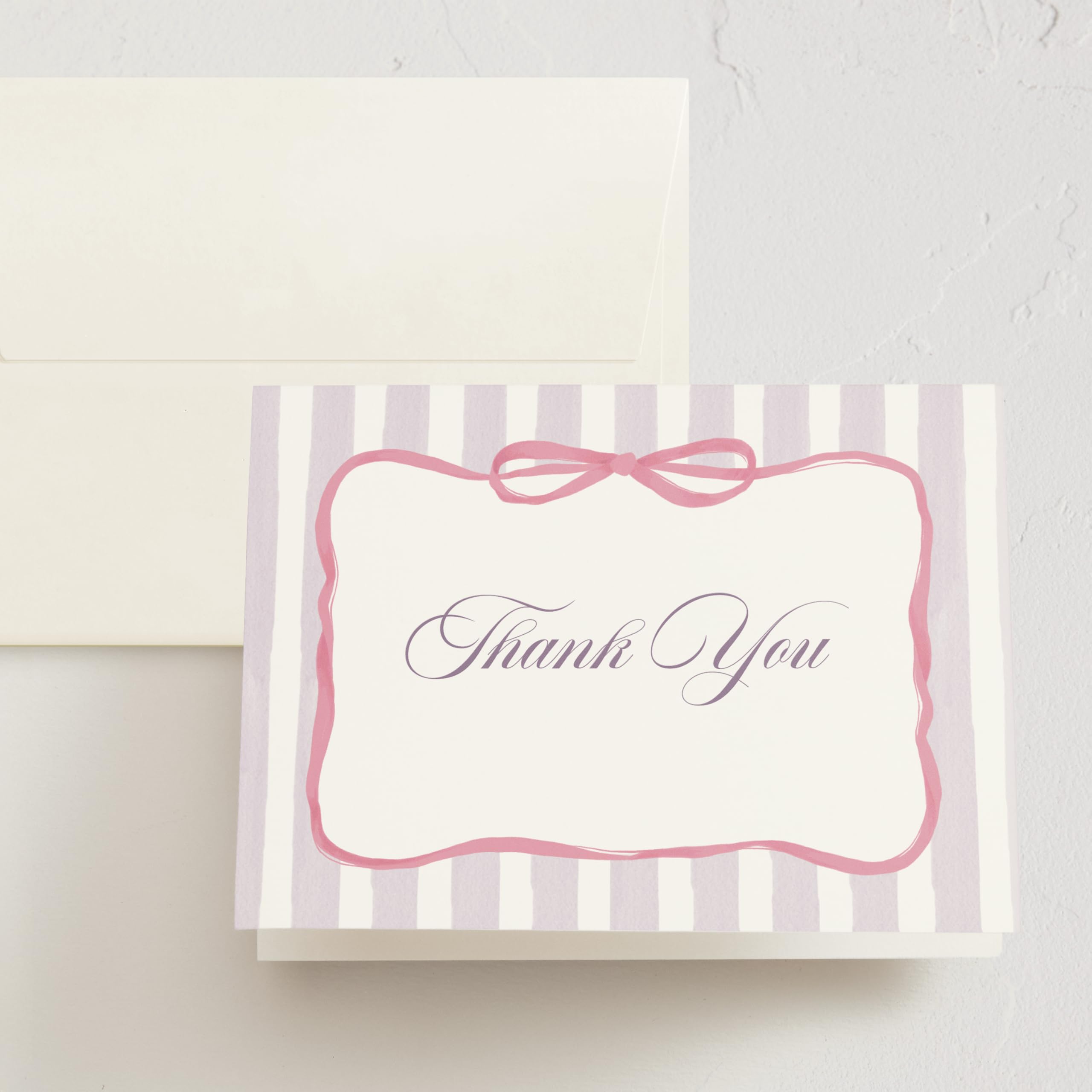 Minted Thank You Cards Pack, 10 Thank You Cards with 10 Envelopes, Blank Card, Pink Bow & Striped Design, Baby Shower, New Mom, Baptism & Christening,