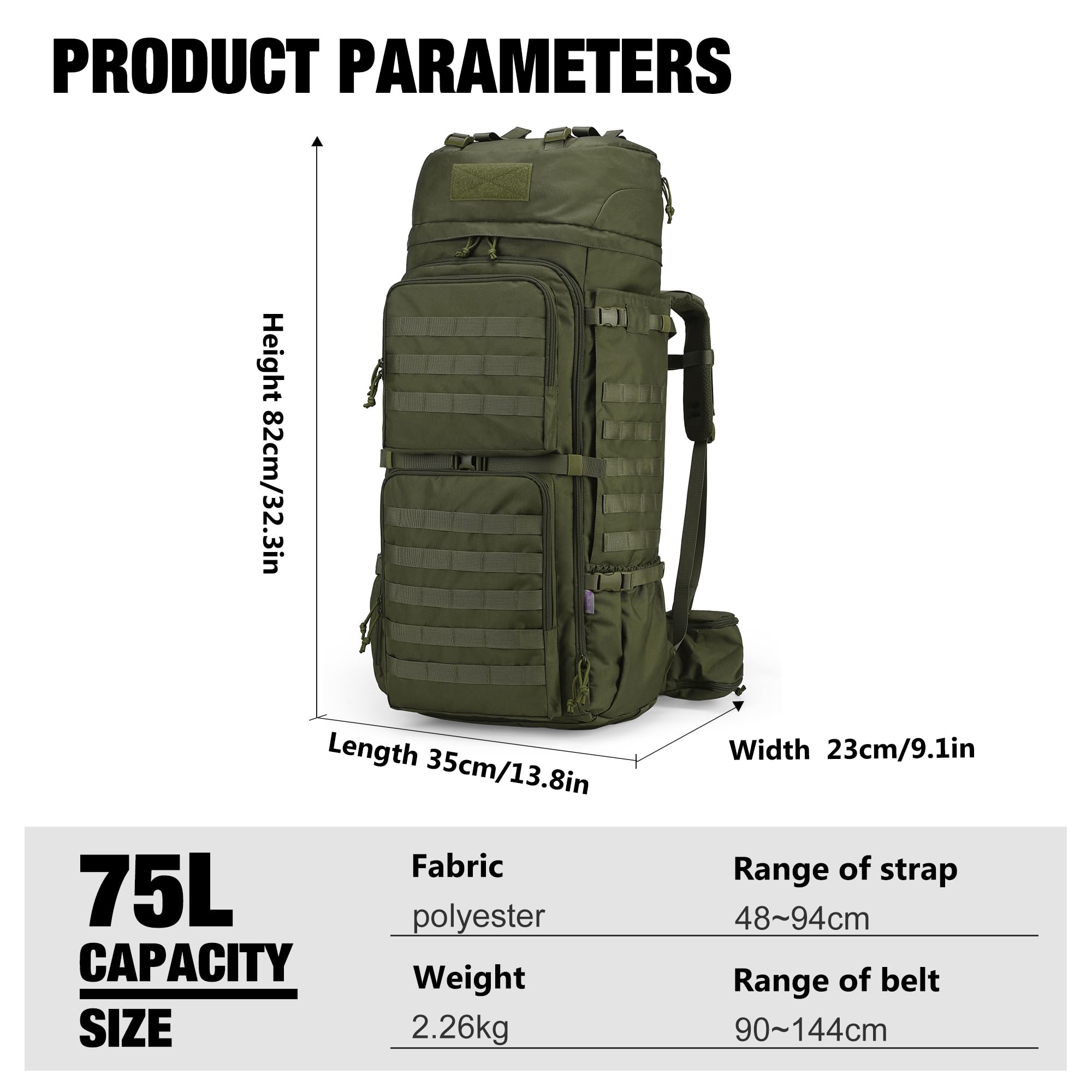 Mardingtop 75L Zaino Tattico Militare da Trekking e Montagna con Copertura Antipioggia, Sistema MOLLE, Grande Capacità per Escursionismo ed Esterno (75l-Verde Militare)