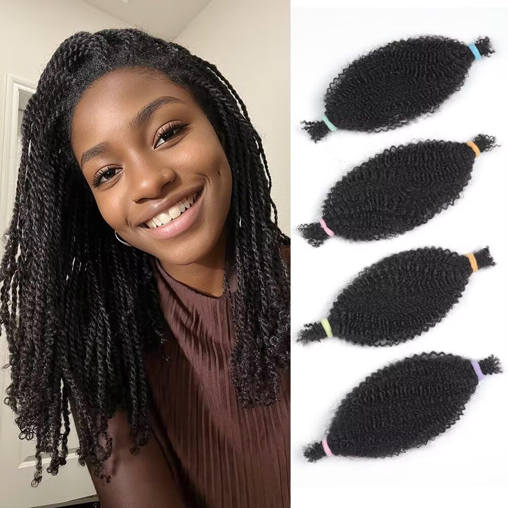Spring Twist Hair Afro Kinkys Bulk Human Hair Bundles 14 Inch Pre-Separated Springy Afro Twist Hair Cuban Twist Crochet Hair Marley Twist Braiding Hair Dreadlock Extensions 4 Bundles 60g 1B