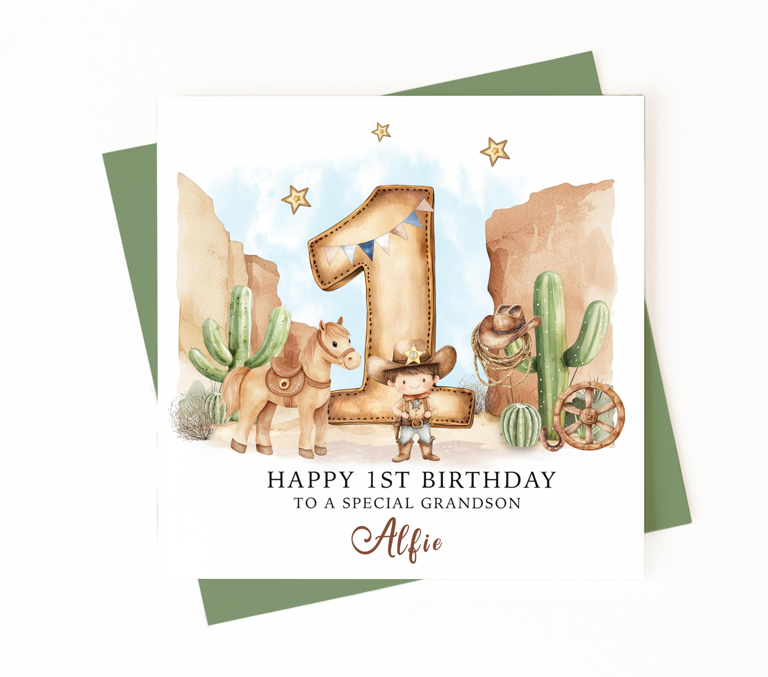 Personalised Boys 1st Birthday Card - Cowboy Themed - My First Rodeo - Brown Hair
