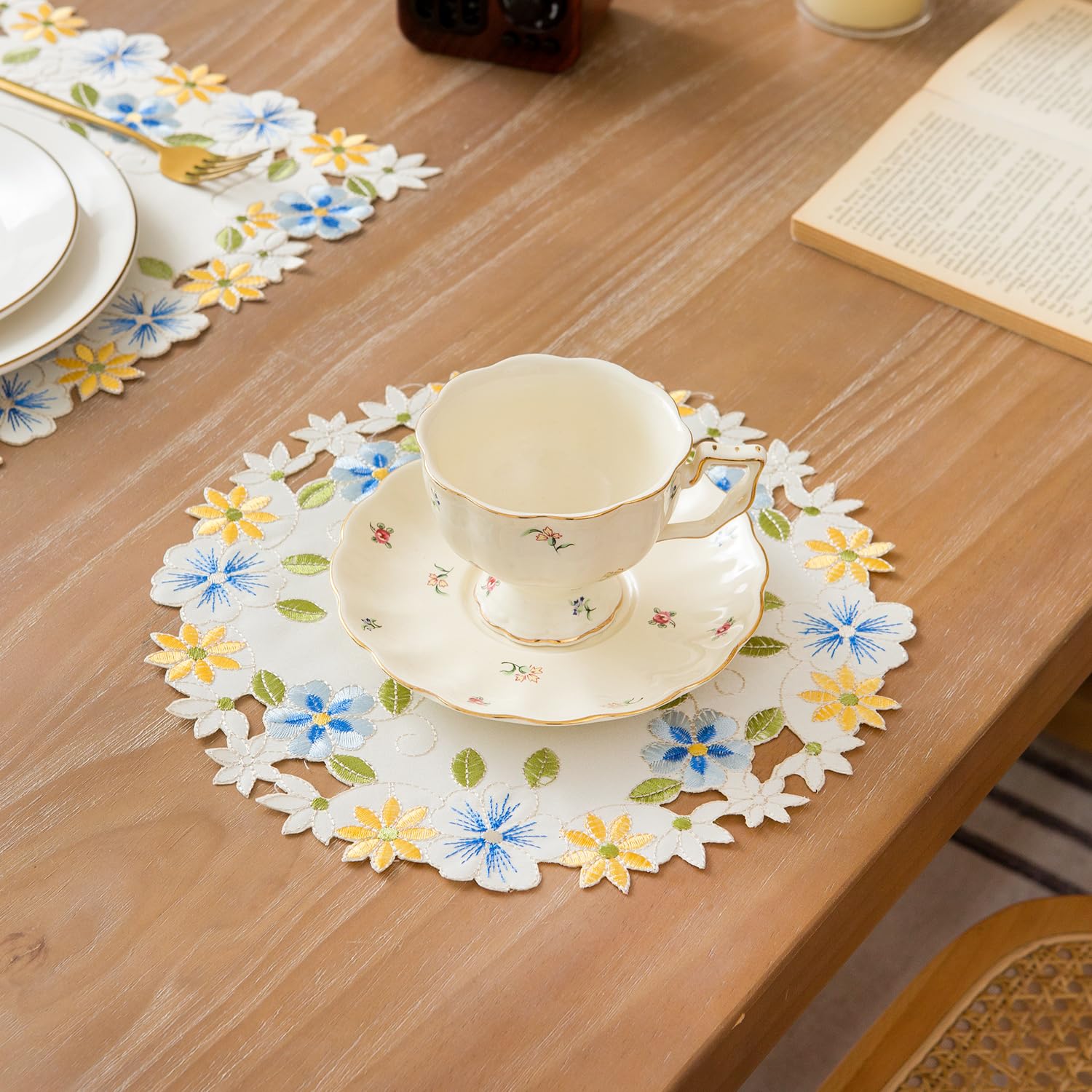 Mausouca Tovagliette rotonde, giallo-blu, motivo floreale, ricamate, sottovaso per matrimonio, compleanno, cena, festa, decorazione, rotonde, confezione da 2