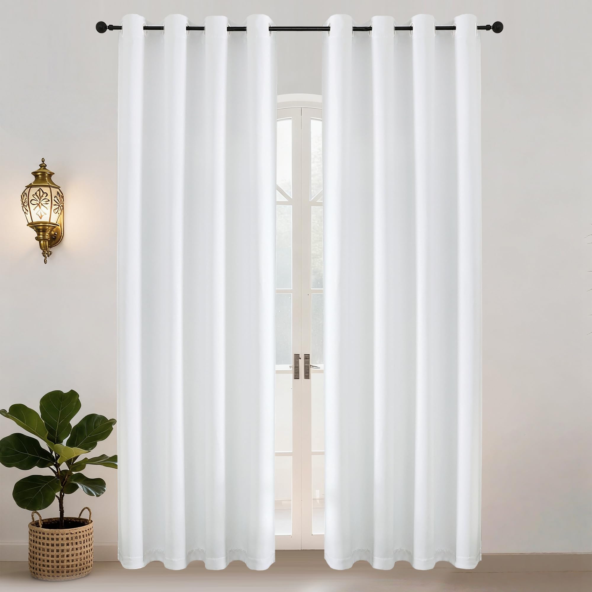 Simplebrand Ava Pure White Light Filtering Eyelet Curtains for Bedroom 245 cm Long 2 Panels, Solid Thermal Insulated, Energy Saving Living Room Window Treatment Curtains & Drapes, W 140 cm x L 245 cm