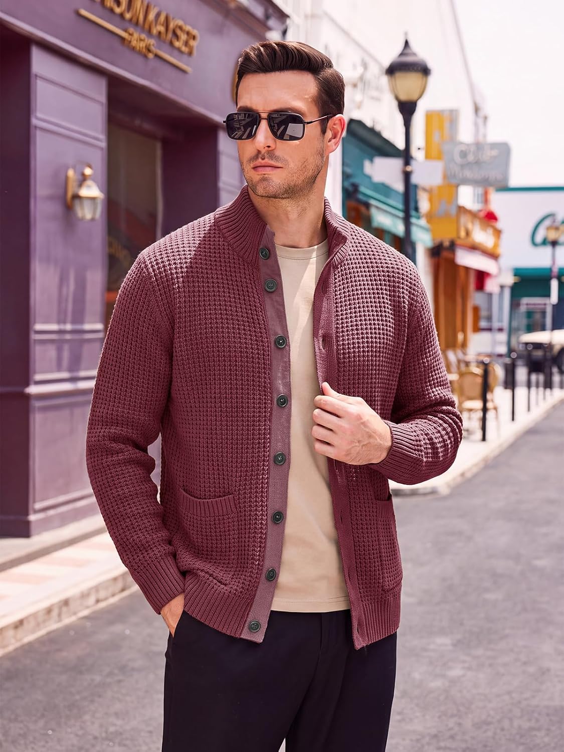 Runcati Mens Casual Waffle Knit Cardigan Sweater Stand Collar with Pockets