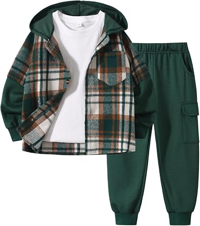 2Pcs Kids Boys Flannel Plaid Shirt Tops Pants Set Hoodie Sweatsuit for Fall Winter Spring Outfits 4-12 Years