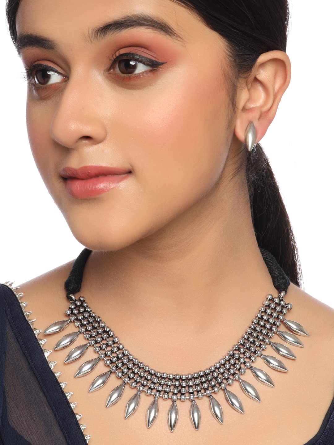 Women's Plated Geometric Choker Necklace Set, Oxidised Style