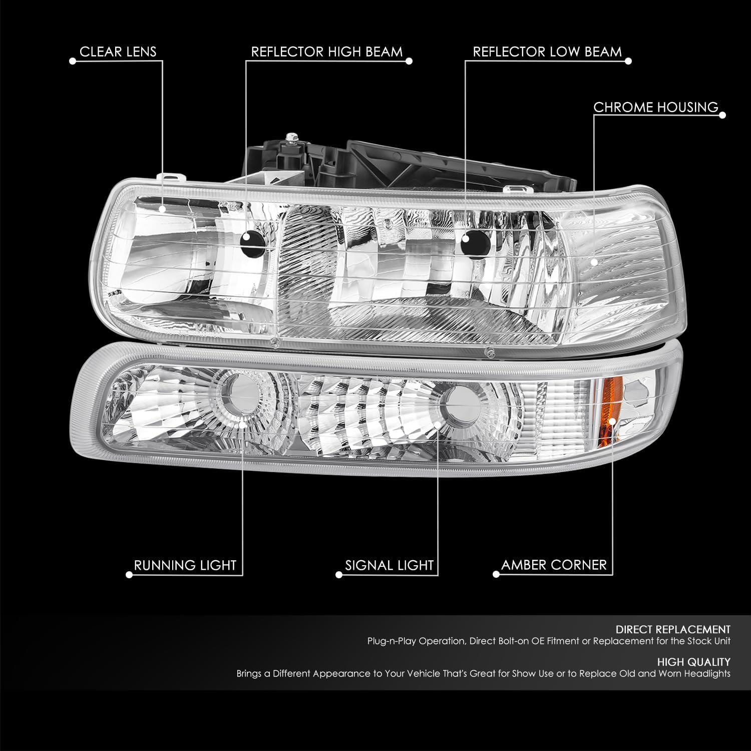 DNA MOTORING Pair OE Style Headlights + Bumper Lights Compatible with 99-02 Chey Silverado 1500 2500, Chrome/Clear/Amber, HL-OH-CSIL99-4P-CH-AM-B