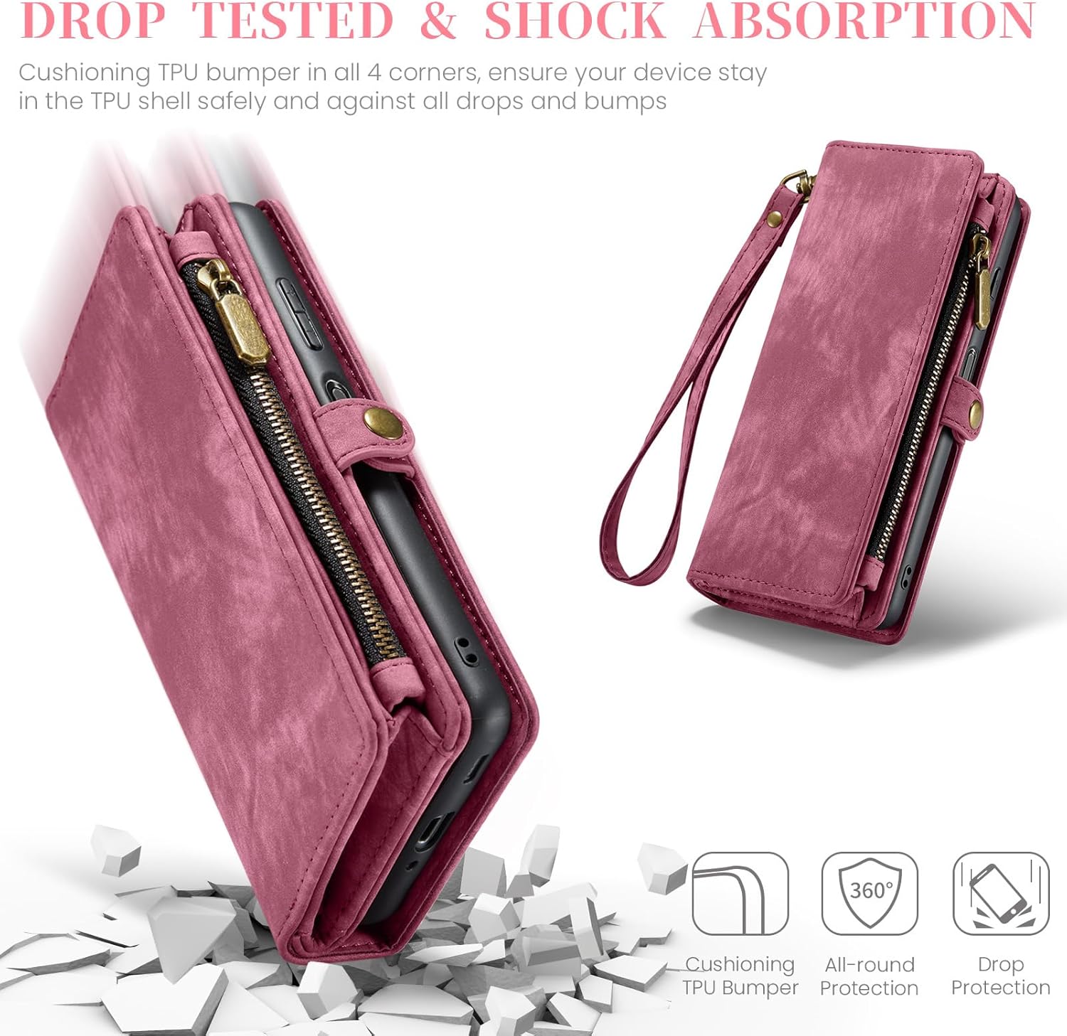 Asuwish Phone Case for Samsung Galaxy A17 5G Zipper Wallet Magnetic Detachable Cover with Tempered Glass Screen Protector and PU Leather Flip Credit Cash Card Holder Cell A 17 17A 4G Women Men Red