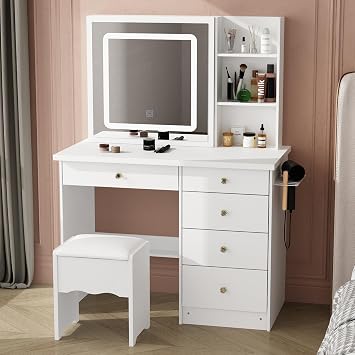 Vanity Desk with Mirror and Lights, Makeup Vanity with Power Strip & Sliding Mirror, Dressing Table with Lights in 3 Color Modes, Vanity Stool Set with 5 Drawers & Metal Side Rack, White