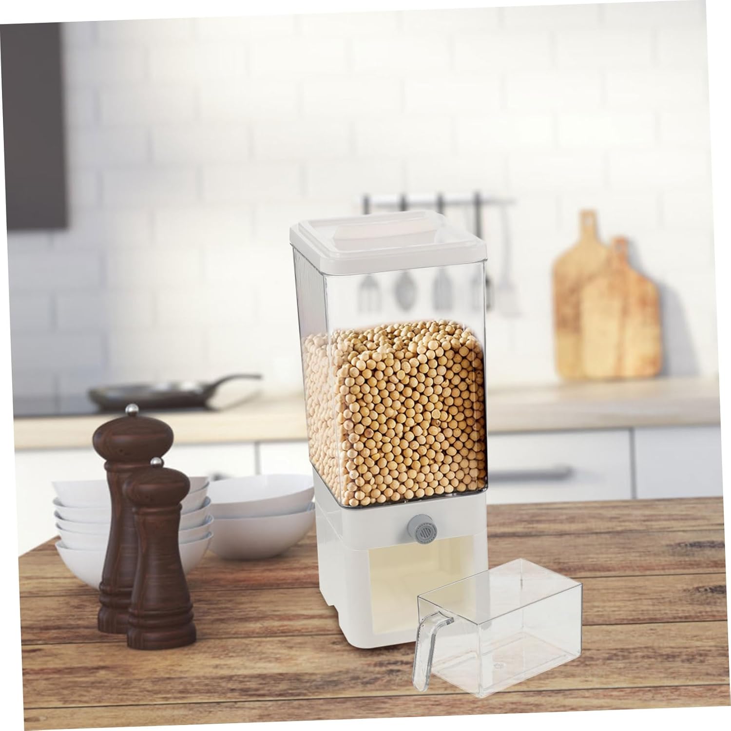 KICHOUSE Rice Holder Dispenser Airtight Cereal Storage Container for Rice Grains and Beans Elegant White Design for Kitchen Countertop Organization and Easy Dispensing