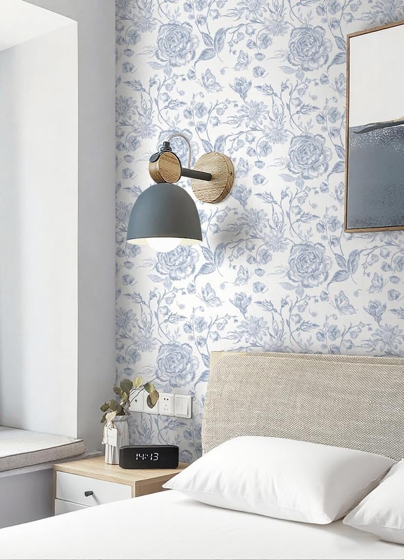 Peel and Stick Wallpaper Floral Wall Paper Boho Embroidered Contact Paper Bedroom Bathroom Wallpaper Navy Blue and White Removable Self-Adhesive Kitchen Wall Decor Vinyl Roll 17.3" x 394"
