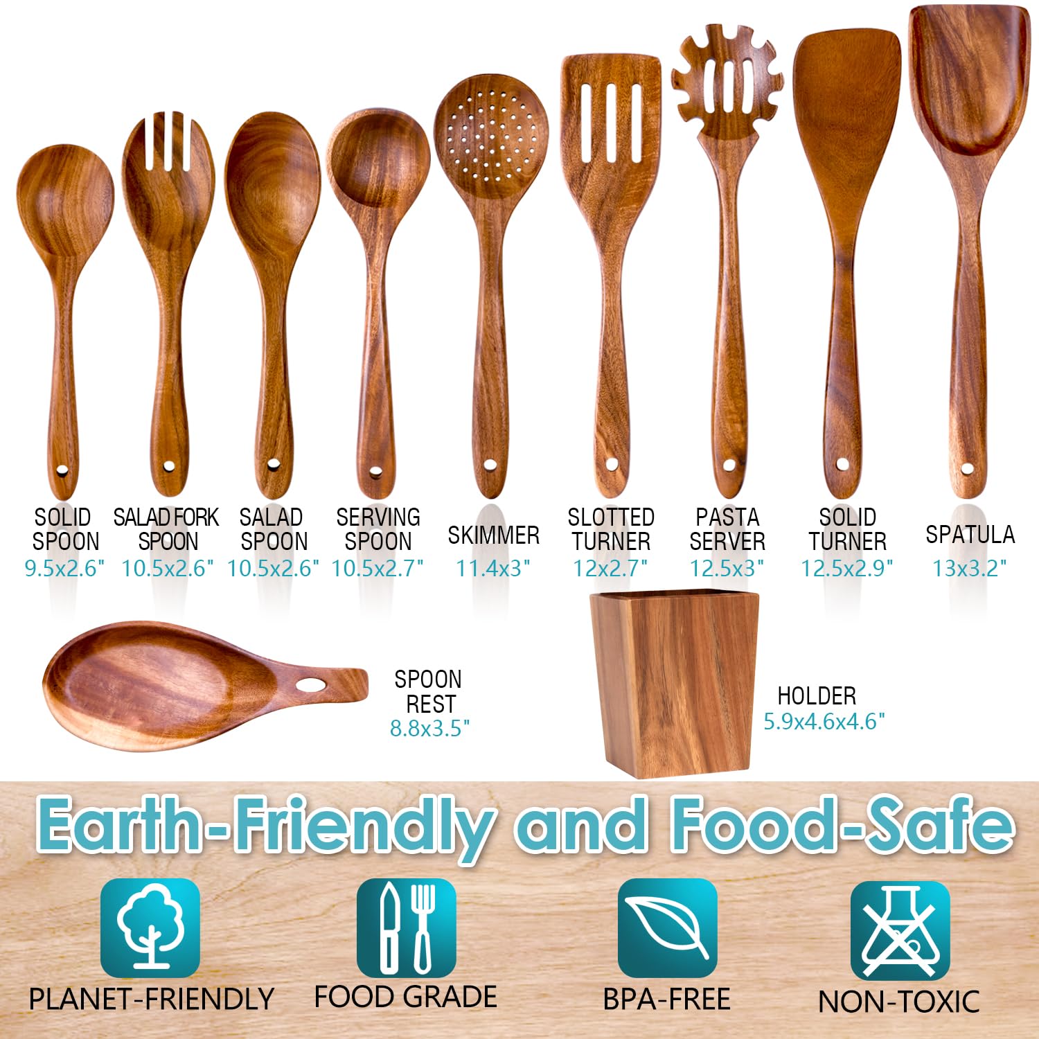 HOWHONG Ensemble d'ustensiles de cuisine en bois d'acacia – 11 cuillères en