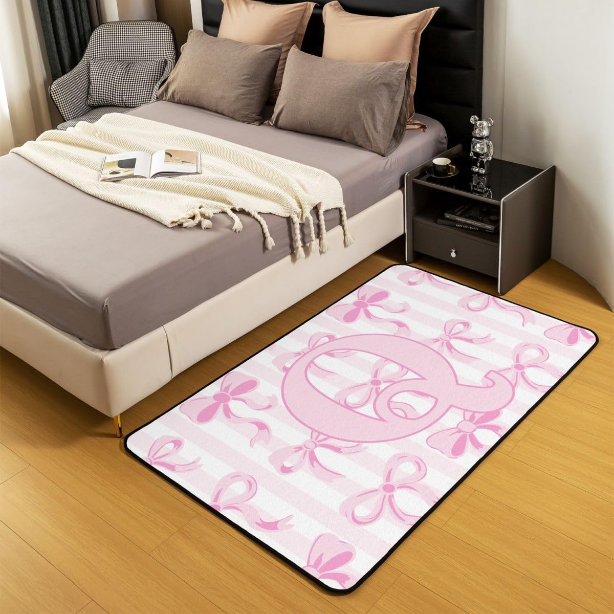 Schleife Teppich 100x150cm Rosa Und Weiß Schleife Outdoor Teppich Wohnzimmerteppich Kawaii wetterfest Personalisiert Anfangsbuchstabe für Terrasse Balkon Küche