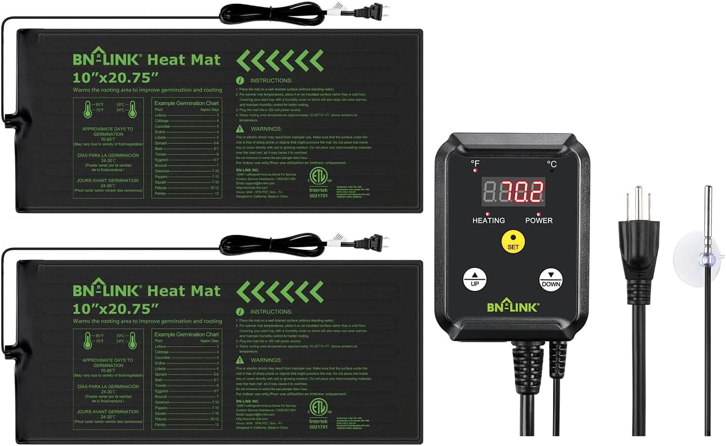 BN-LINK Reptile Thermostat Controller and 2 Pack Heat Mat for Seed Germination, Reptiles and Brewing Breeding Incubation Greenhouse