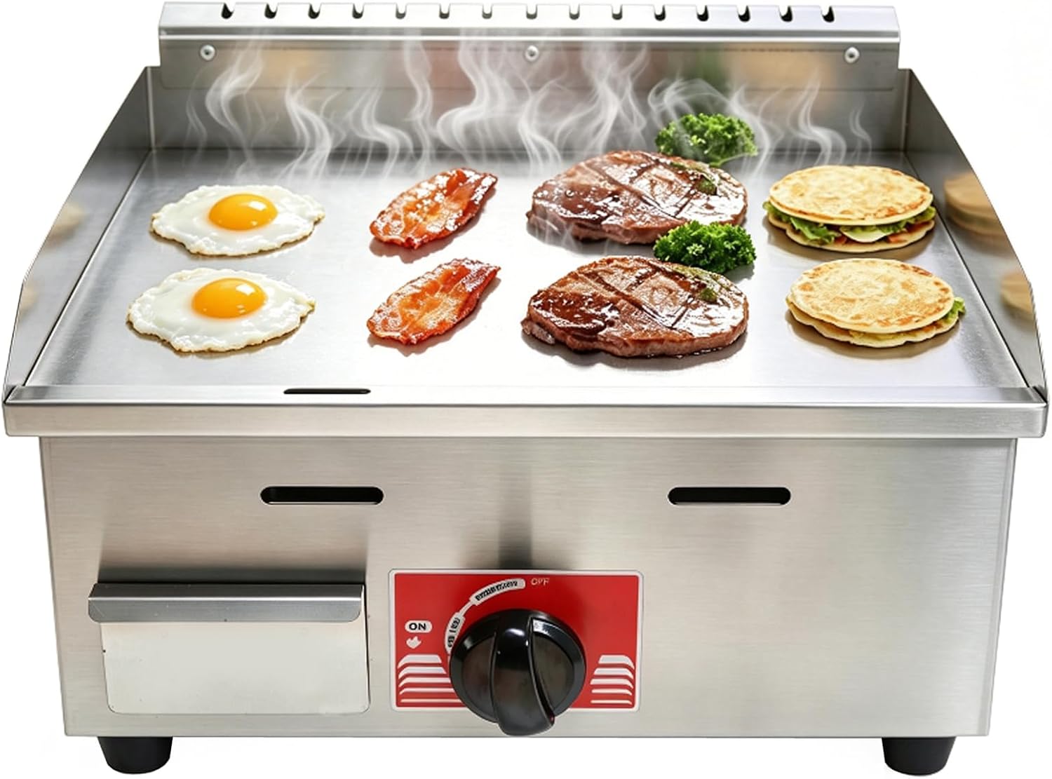 INTBUYING Commercial LPG Griddle Countertop Gas Grill 2800Pa H Shaped 1 Burner Oil Box Oil Drain Hole with Low Pressure Valve for Restaurant Canteen Bar Hotel