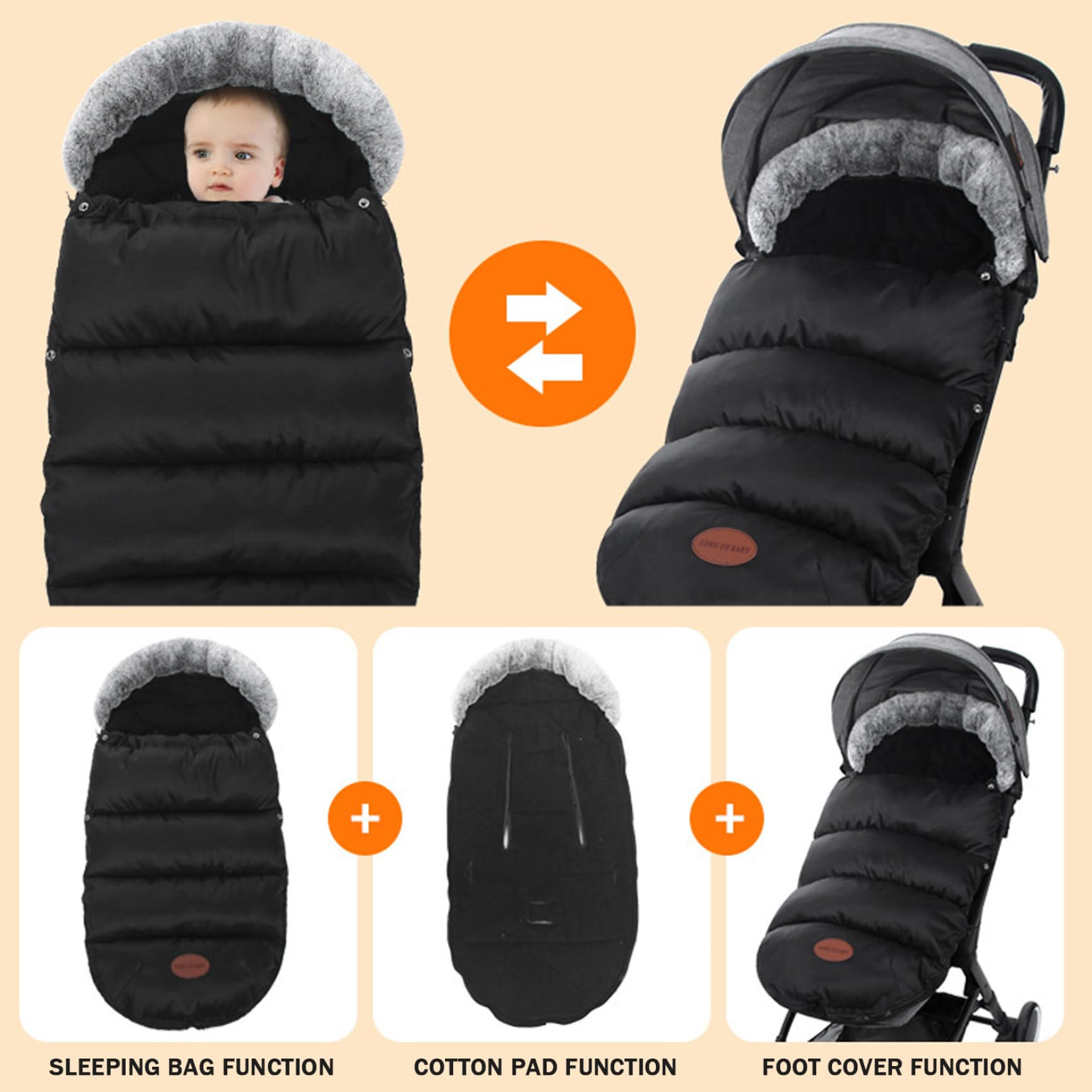 Coprigambe per passeggino Caldo foderato in pile addensato per l'inverno con collo in pelliccia e cerniera Sacco impermeabile per stamina, 35x14 pollici, coperta, sacco a pelo