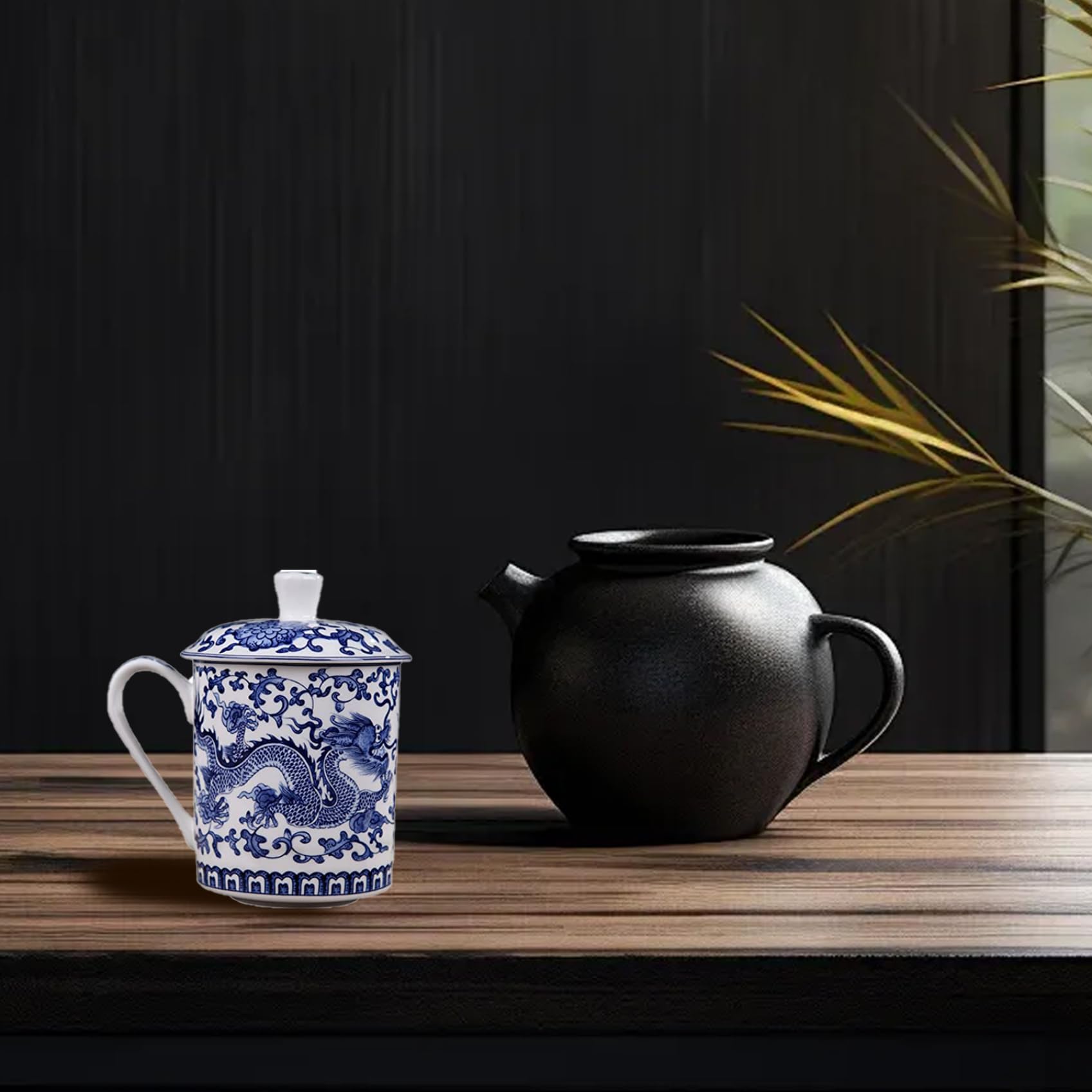 Tazza da tè in Ceramica Blu e Bianca di capacità da 500 ml con Coperchio e Manico, Tazze da tè Cinesi per Foglie sfuse, Ufficio a casa