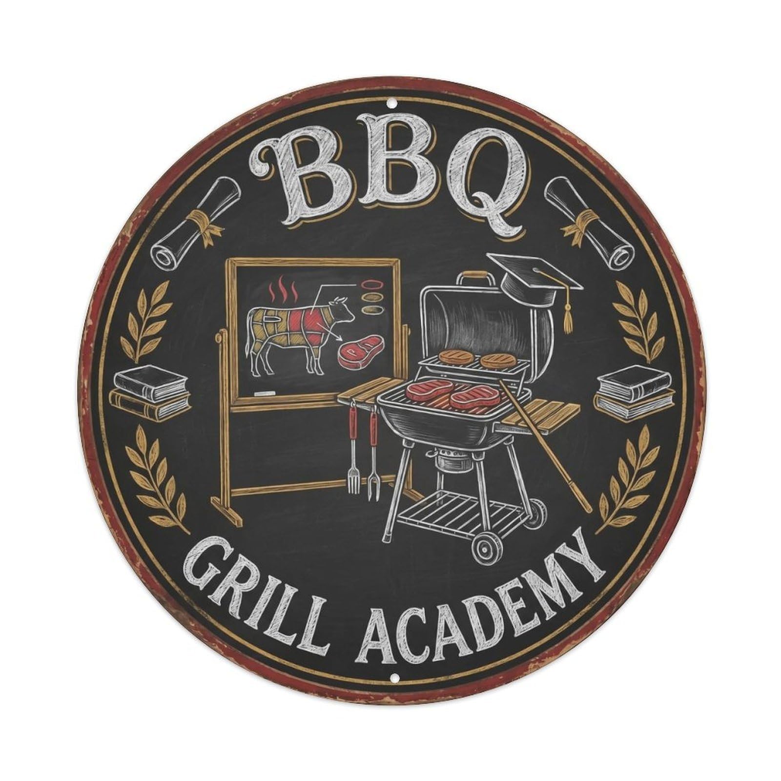 BBQ Barbecue Grill Academy Vintage Metal Tin Sign Plaque Wall Decor for Cafe, Club, Garden Round Metal Poster 8x8Inch