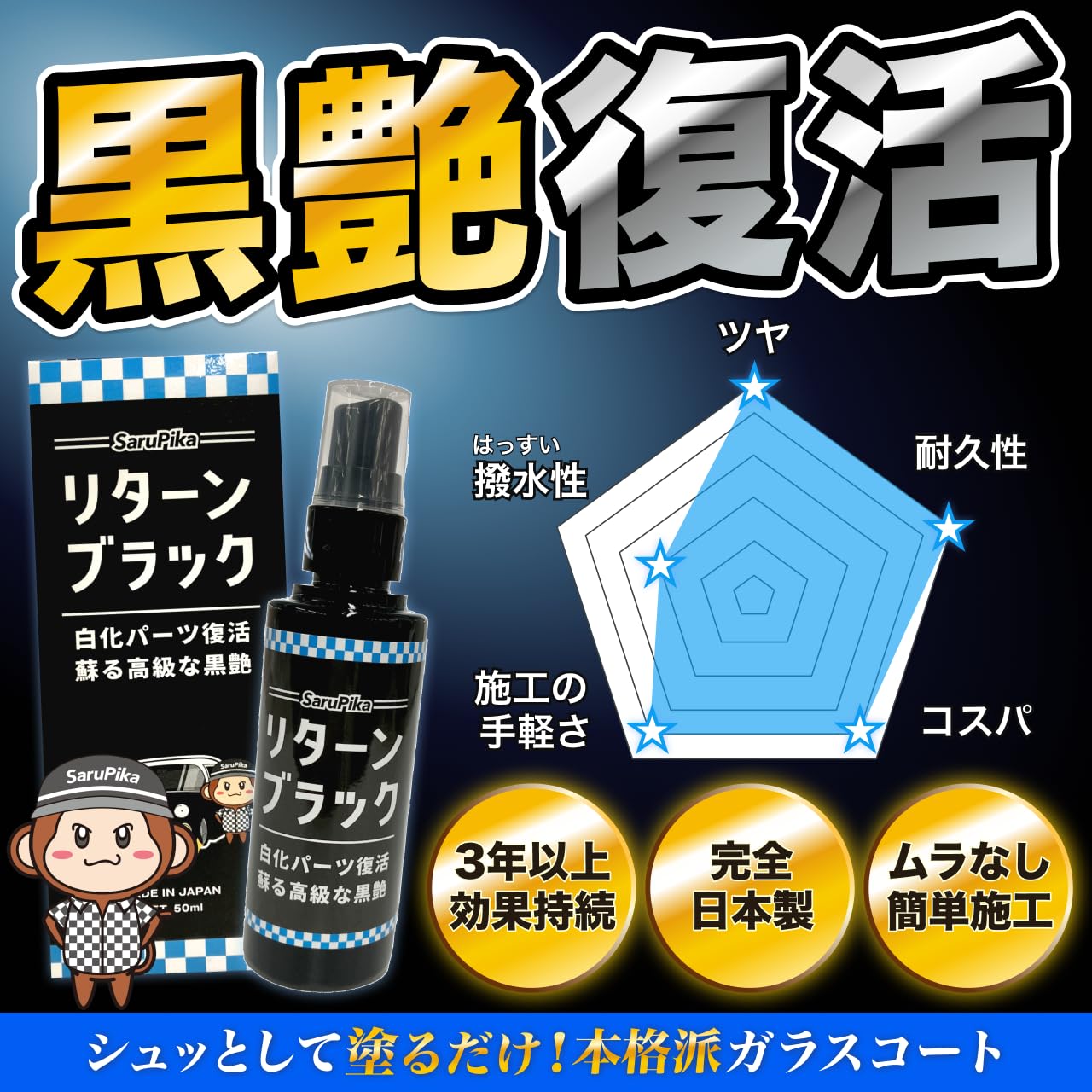 おさるのスゴピカ 【未塗装樹脂コーティング 黒艶】 黒装樹脂 復活 3年耐久 カ…