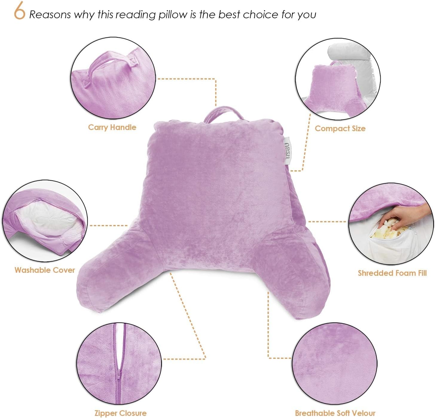 Nestl Reading Pillow with Portable Laptop Lap Desk, Velvet Feel Back Pillow for Sitting in Bed, Shredded Memory Foam Back Support Pillow for Bed, Bed Rest Pillow with Arms, Small - Lavender