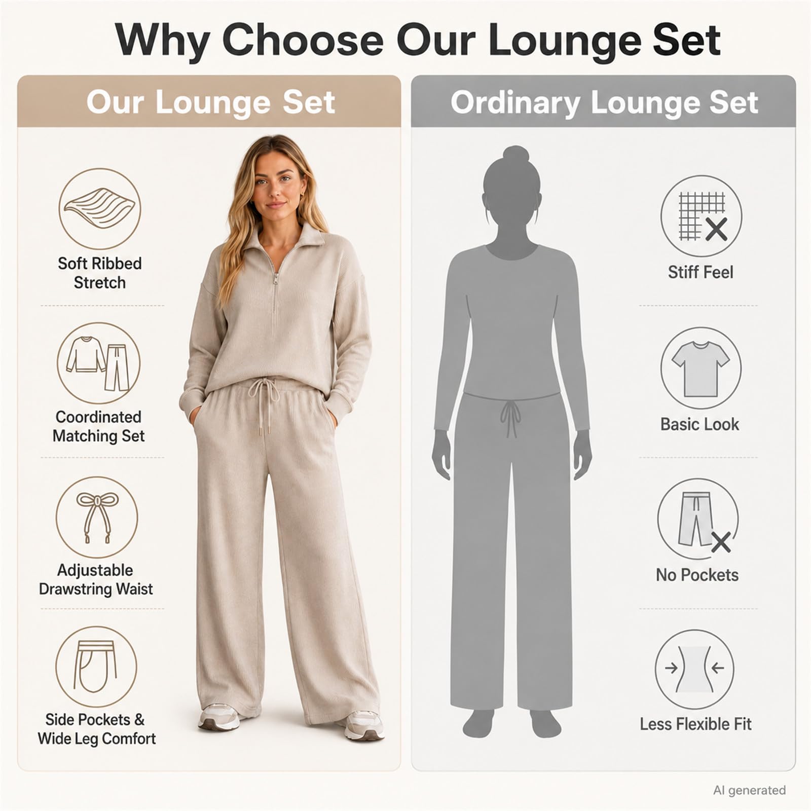 Set da salotto da donna in 2 pezzi, con mezza zip, pantaloni a gamba larga | 90% poliestere, 10% spandex, morbido al tatto a costine, drappeggio rilassato, coulisse in vita, tasche laterali