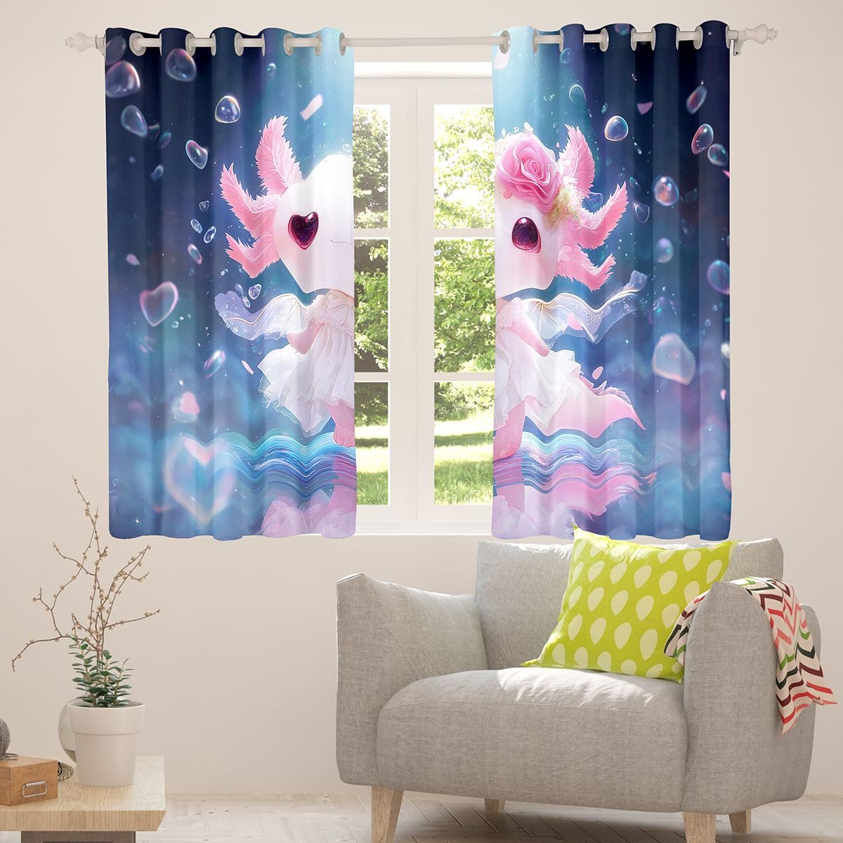 Homemissing Tende oscuranti Princess Axolotl con salamandra in stile cartone animato, tende oscuranti per soggiorno, decorazione per soggiorno, motivo creatura marina, isolamento termico, romantiche