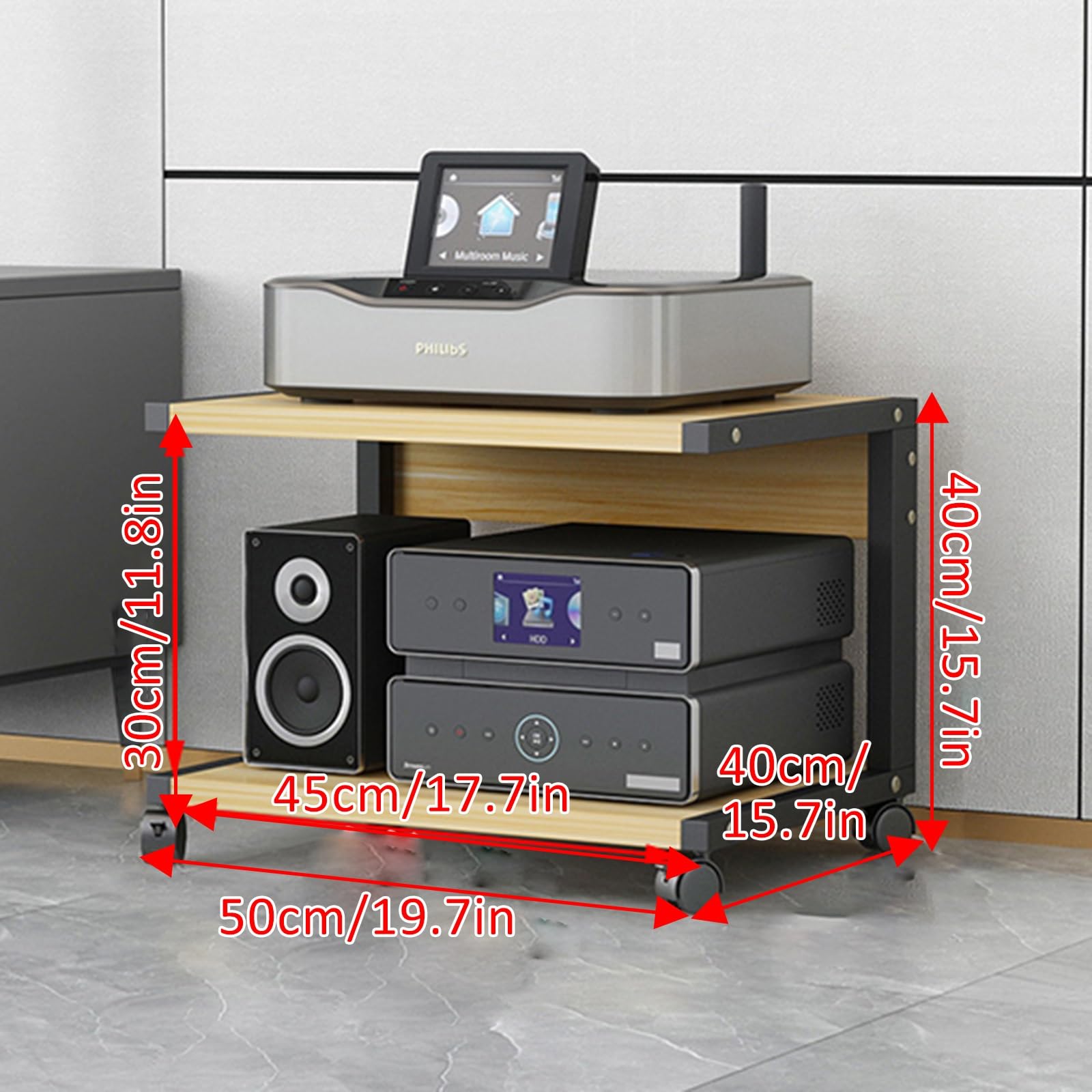 Mueble Equipo Hifi Torre de 2 Niveles Estantes for Amplificadores de Parlantes for Tocadiscos Soporte de MDF Estante de Audio Estante de Almacenamiento de Componentes Estéreo(Black+wood,50x40x40cm)
