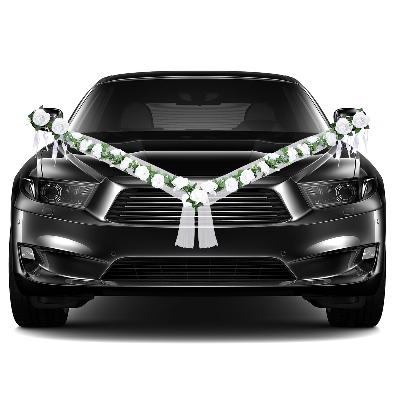 Autoschmuck Hochzeit Motorhaube, Autoschleifen Hochzeit Auto Deko, Auto Hochzeitsschmuck mit 2 x Langerförmig Girlande, 4 x Türgriffblume, 2 x 180cm Tüll – Blumenschmuck Auto Wedding Deko Girlande