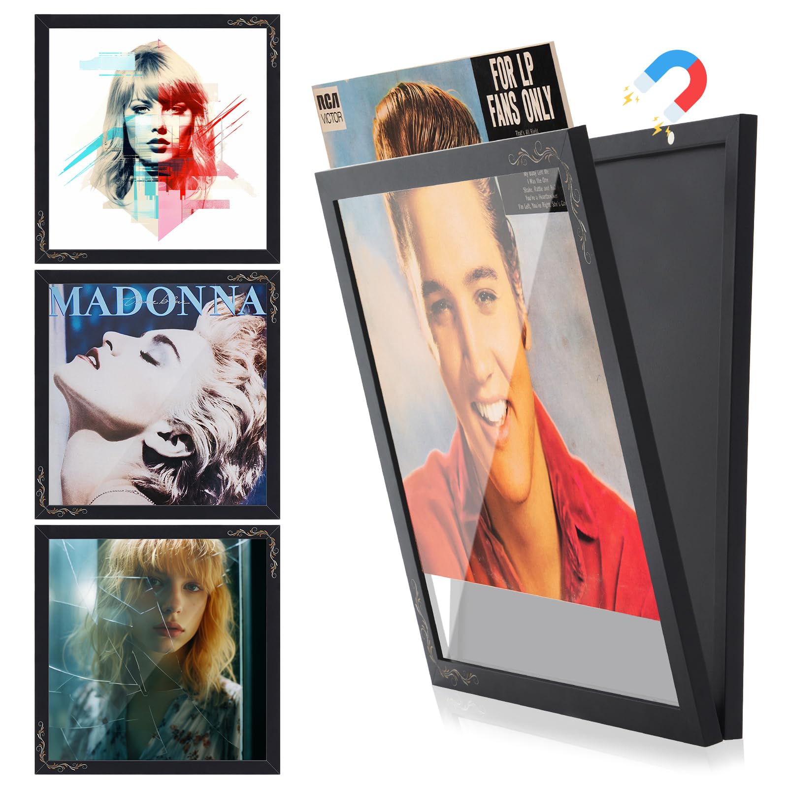 Qunclay 3 Pack Vinyl Record Frame Wall Front Opening, 13 x 13 Inches Magnetic Album Frames Display Easy Hanging for Wall Suit for 12 x 12 Inches LP Vinyl Record