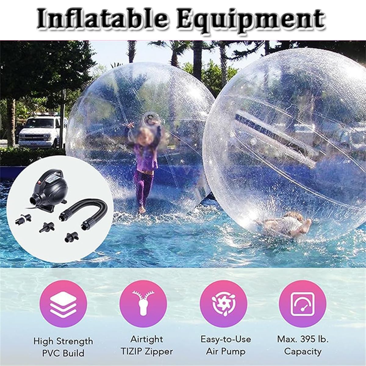 Palla da piscina in PVC - Palla da passeggio in acqua da 1,5/1,8/2/2,5 m con pompa ad aria elettrica, palla da passeggio trasparente in acqua, attrezzatura gonfiabile per l'intrattenimento,1.5m