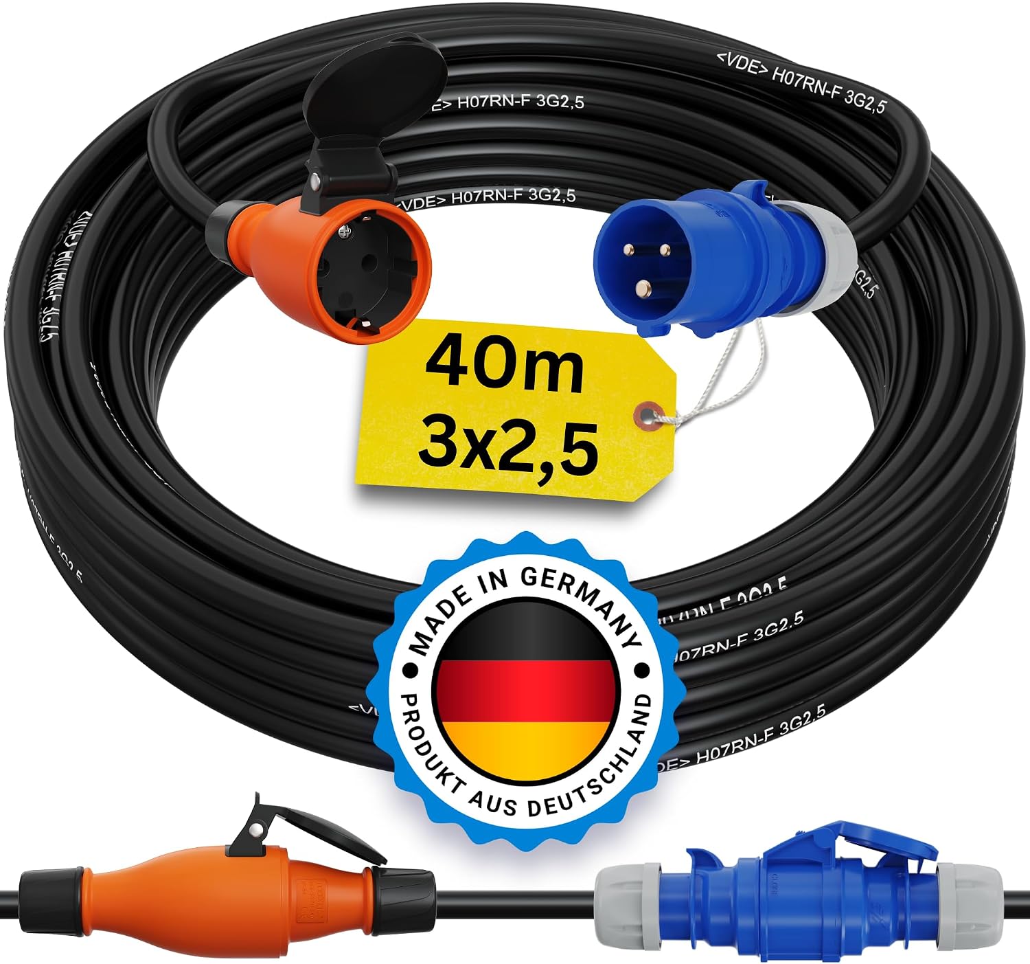 CEE Plug to Schuko Adaptor Cable Caravan H07RN-F 3G2.5 3 x 2.5 40 m