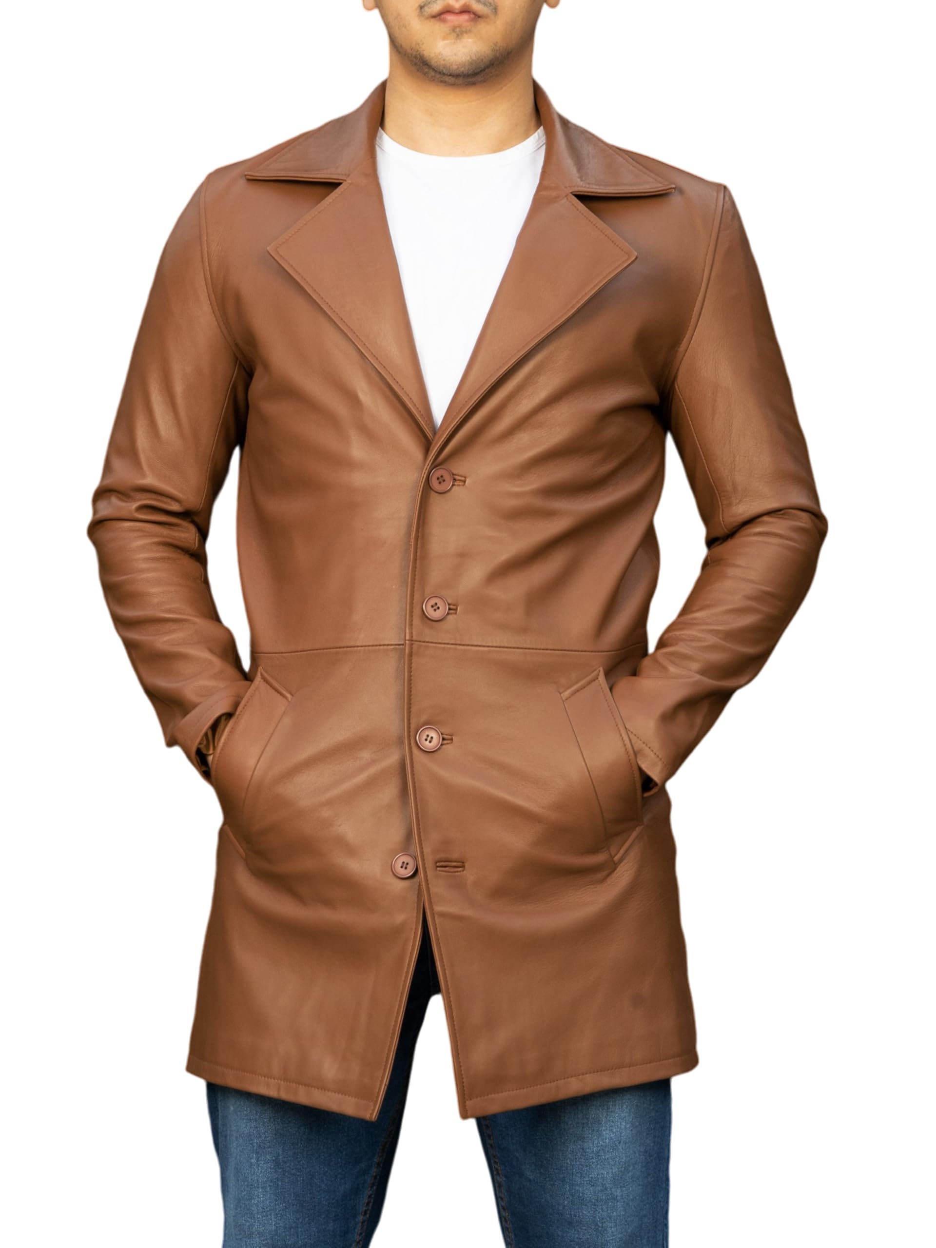 Jild Leather Trench Coat Men - 3/4 Length Casual Car Coat Style Lambskin Long Leather Jacket Men