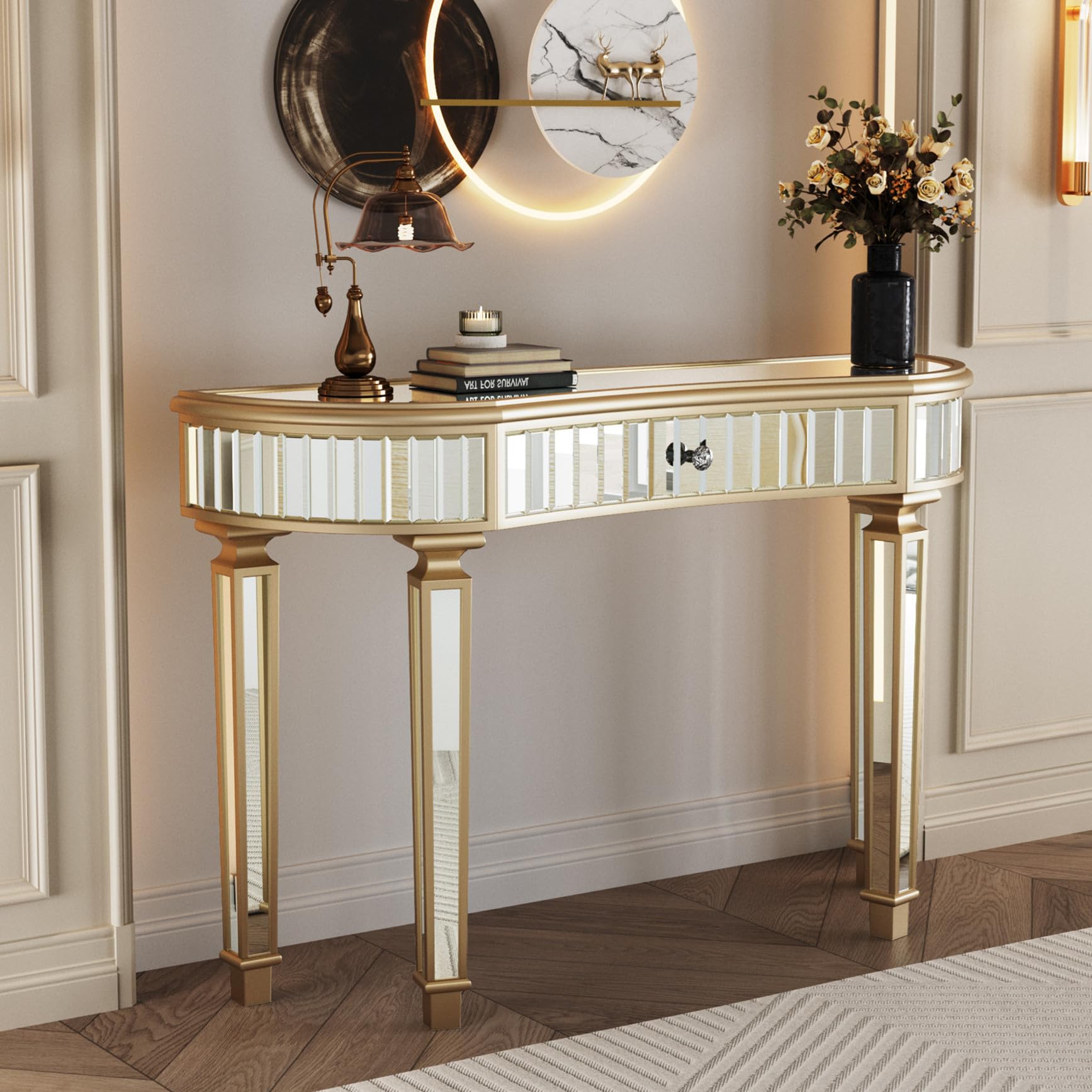 Maotifeys 47-Inch Mirrored Console Table Modern Glam Gold Silver Entryway Table with Crystal Knob Drawer Half-Moon Shape Mirror Console Tables for