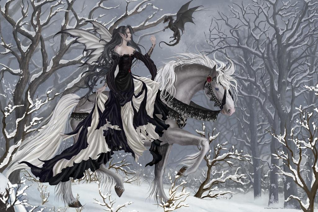 Fairy Riding a Horse Dragon Shadow A Chance Encounter by Nene Thomas Fantasy Poster Winter Woods Nature Cool Wall Art Print Poster 24x36