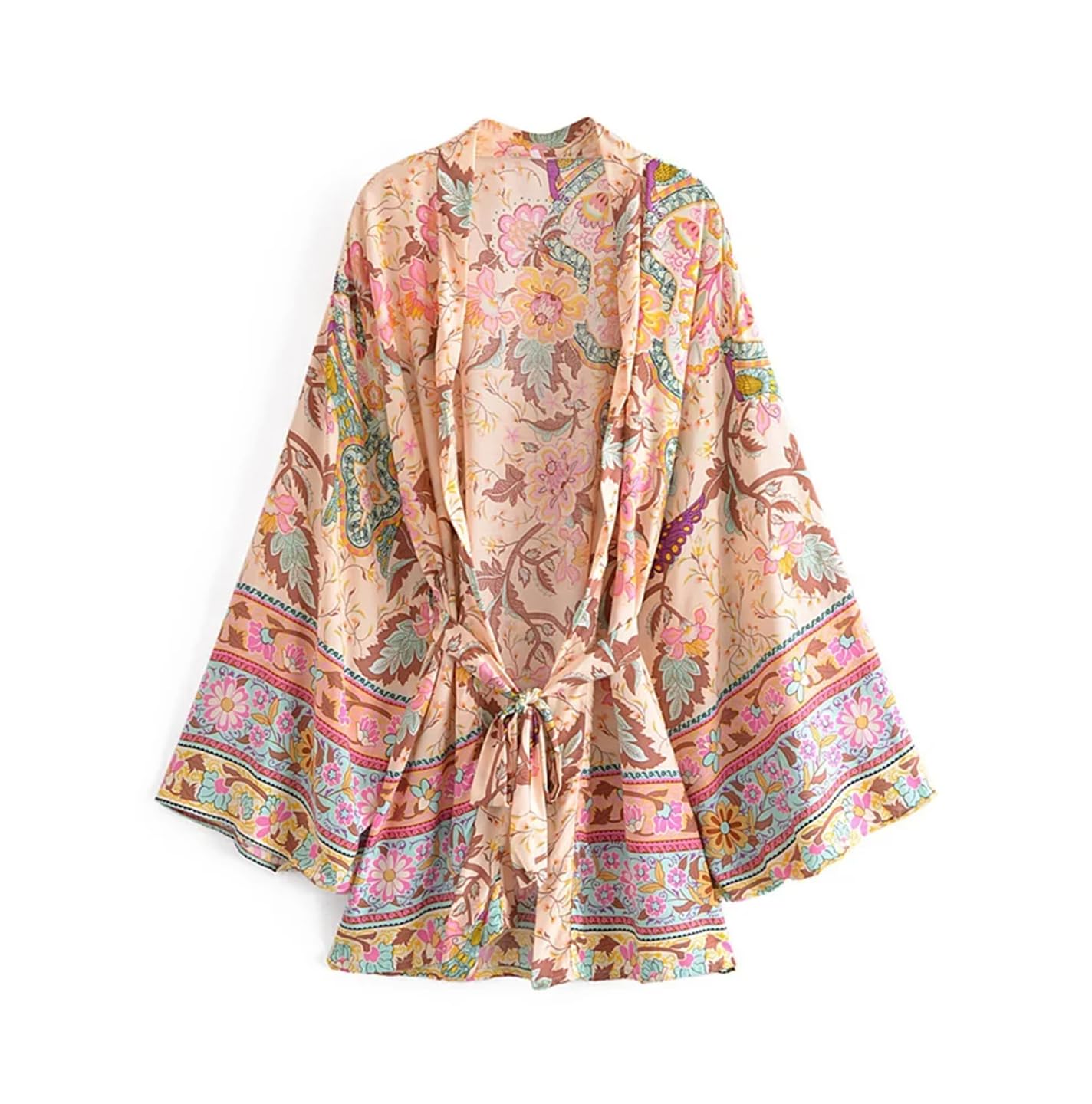 Vintage Print Fusciacche Bohemian Kimono Donne Scollo A V Maniche Pipistrello Breve Robe Bikini Cover-up, Beige, S