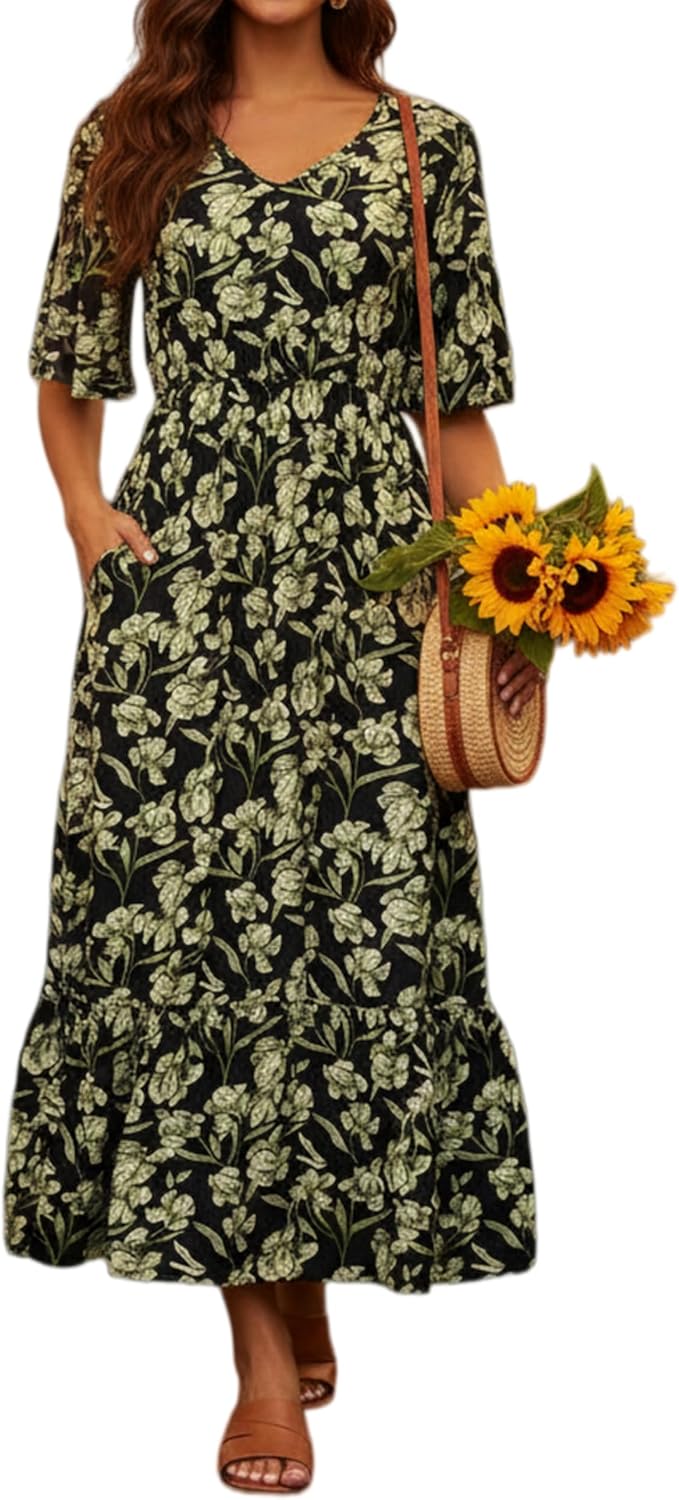 Women's Summer Short Sleeve Maxi Floral Flowy Dresses with Pockets