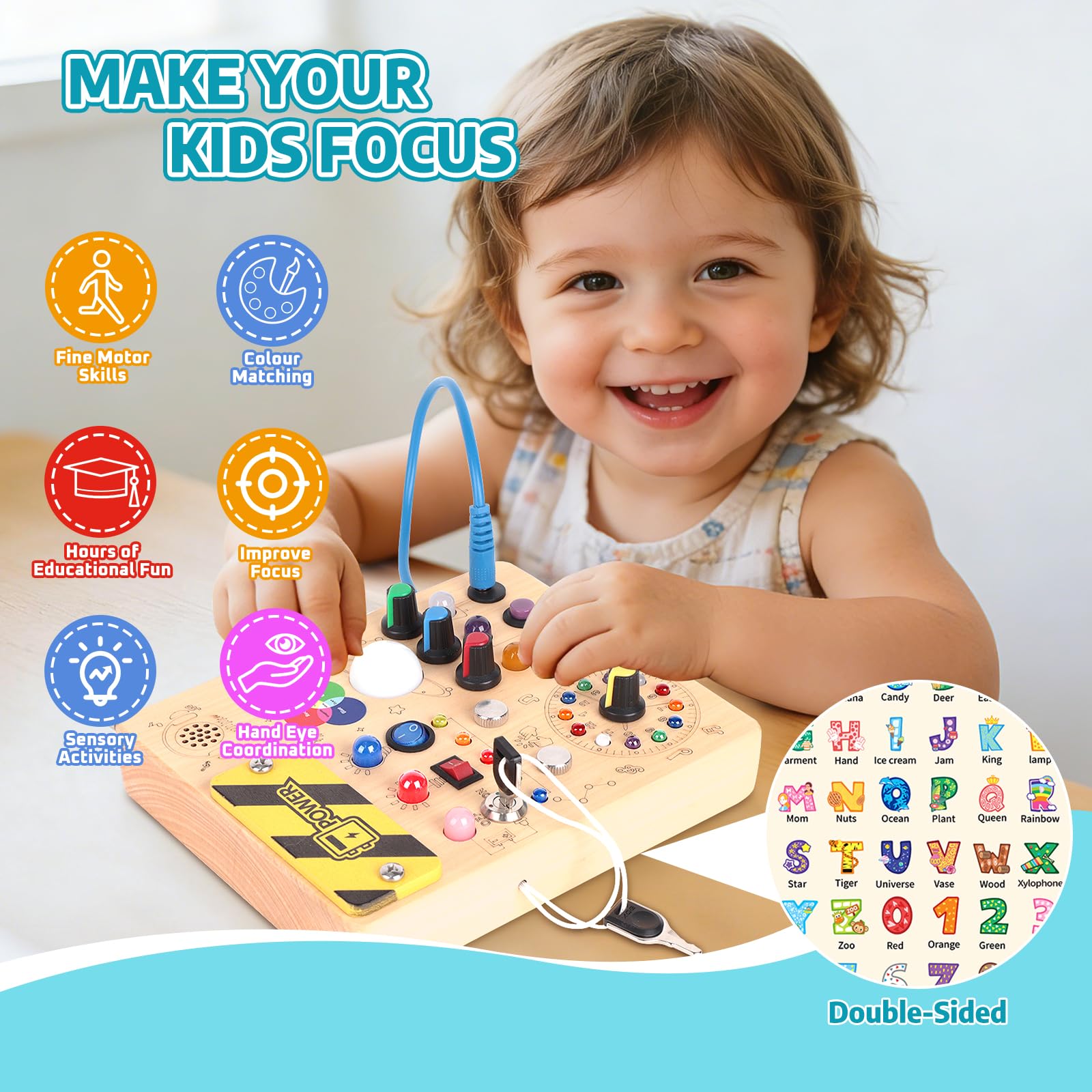 Busy Board Montessori Toys for 1 Year Old Kids Activity Board with 12 Switches and 27 LED Lights Switch Wooden Toys for 1 2 3 Year Old Boys Girls — view 5