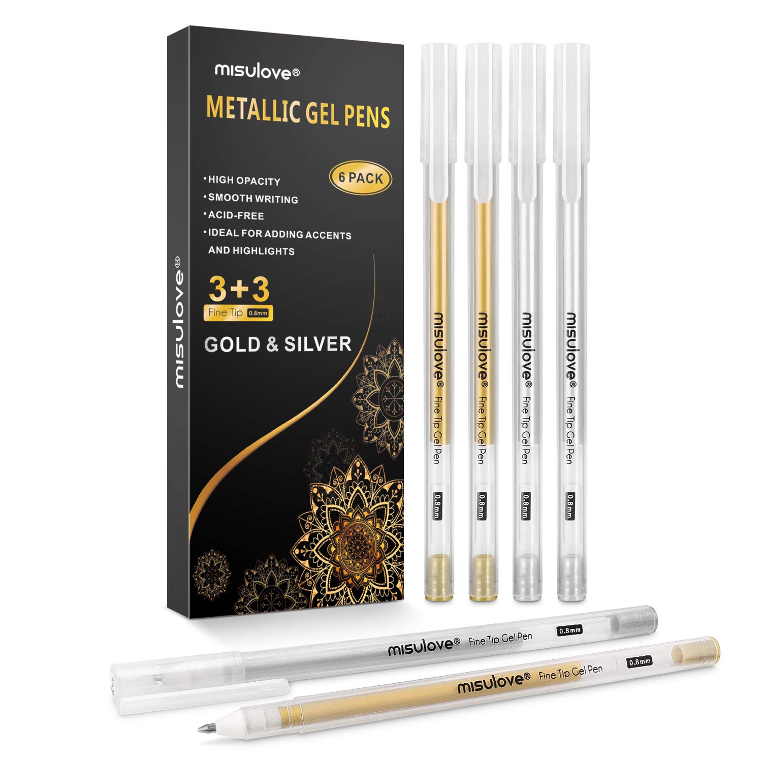 Buy MISULOVE Metallic Gel Pens, 6 Pack, Silver and Gold Gel Ink Pens