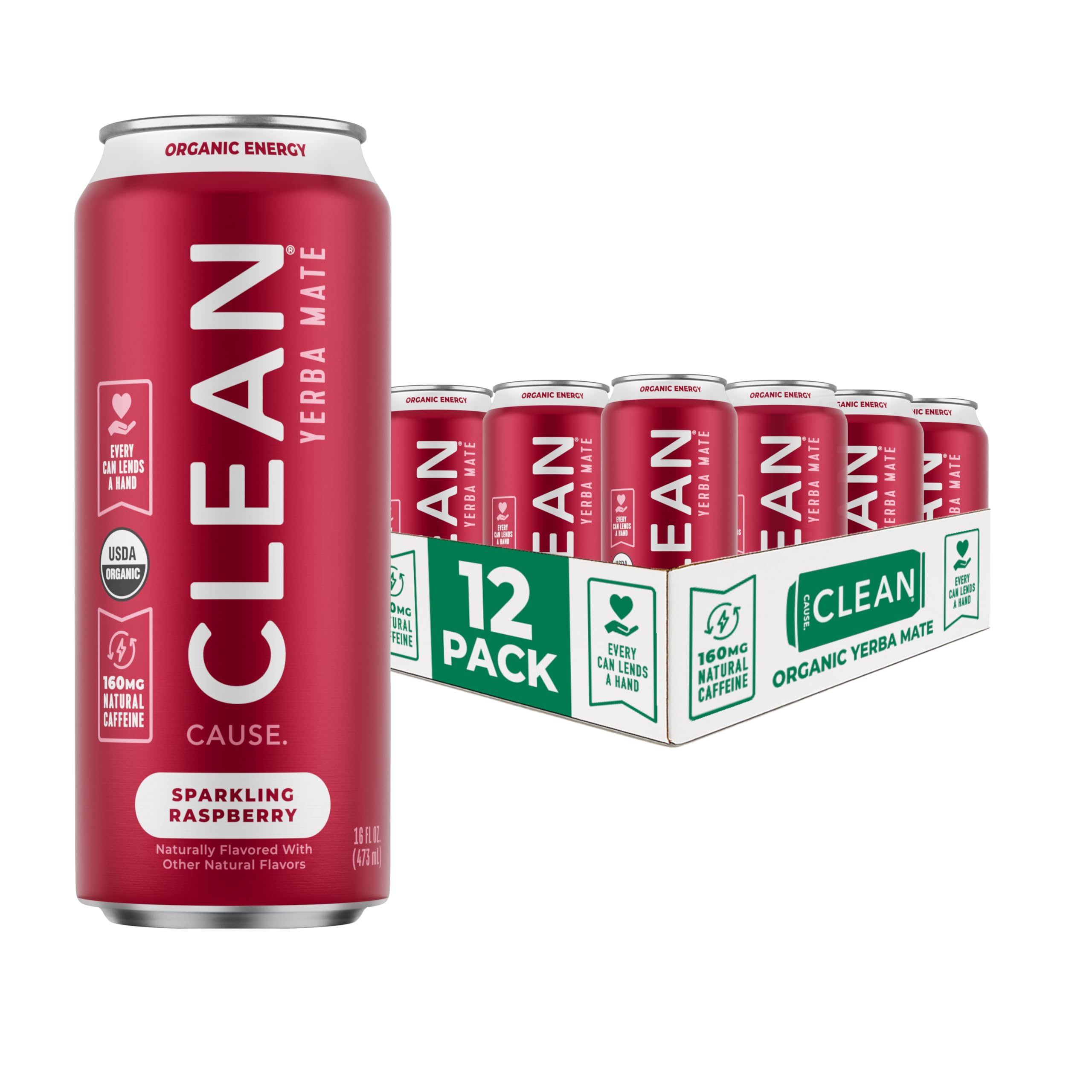 CLEAN Cause Low Calorie Raspberry USDA Organic Sparkling Yerba Mate Tea (16oz cans, 12-Pack Case) Low Sugar, 160mg Caffeine, Healthy Alternative to Soda & Energy Drinks.