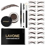 LAVONE Eyebrow Stamp Stencil Kit, Brow Stamp Trio Kit with Waterproof Eyebrow Pencil, Eyebrow Pomade, 20 Eyebrow Stencils, Dual-ended Eyebrow Brush and Sponge Applicator - Dark Coffee