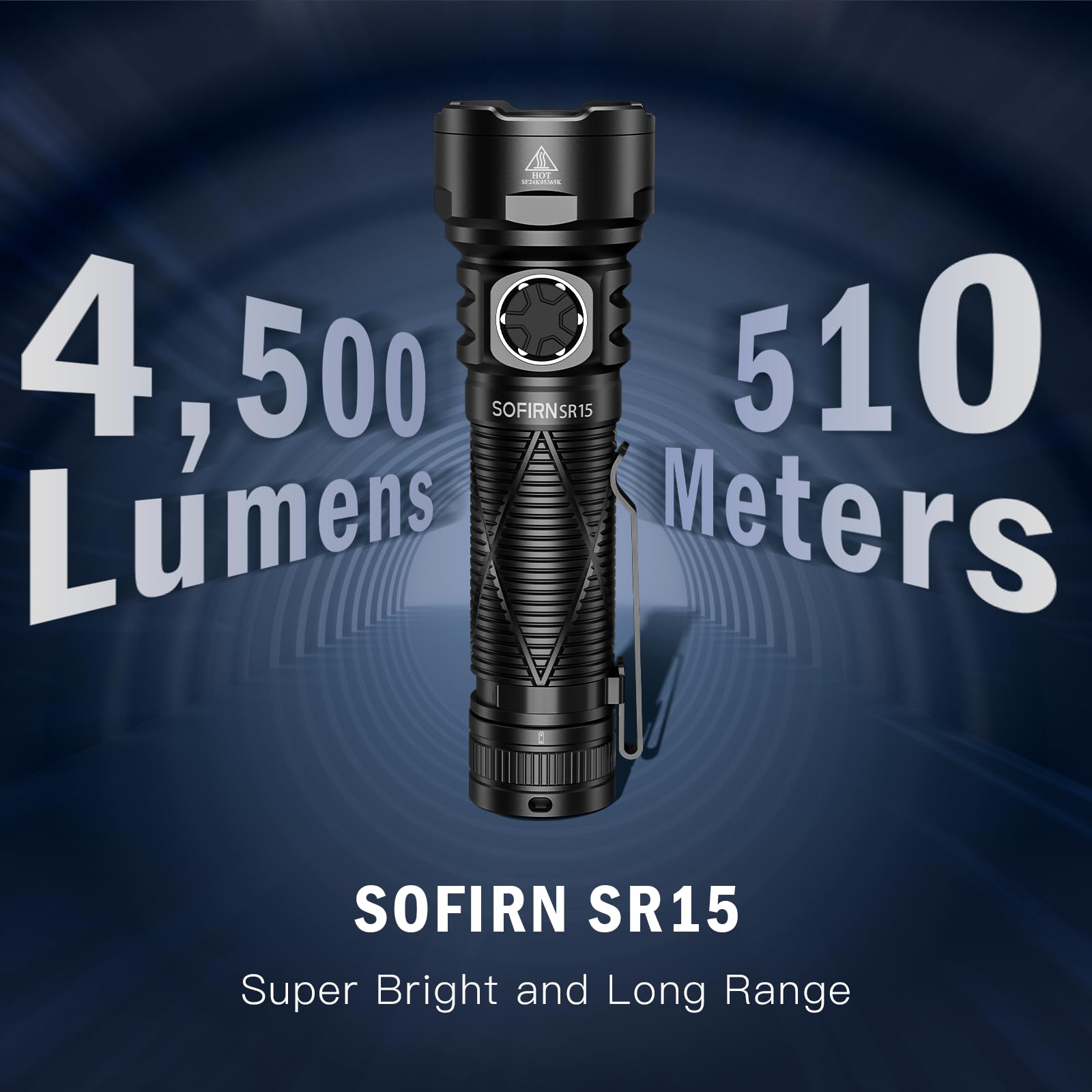 Sofirn SR15 Torch, 4500 LM, 510 M Throw Distance, 8 Lighting Modes and Locking Mode, Rechargeable Torch with Type-C, IPX8 - Image 2