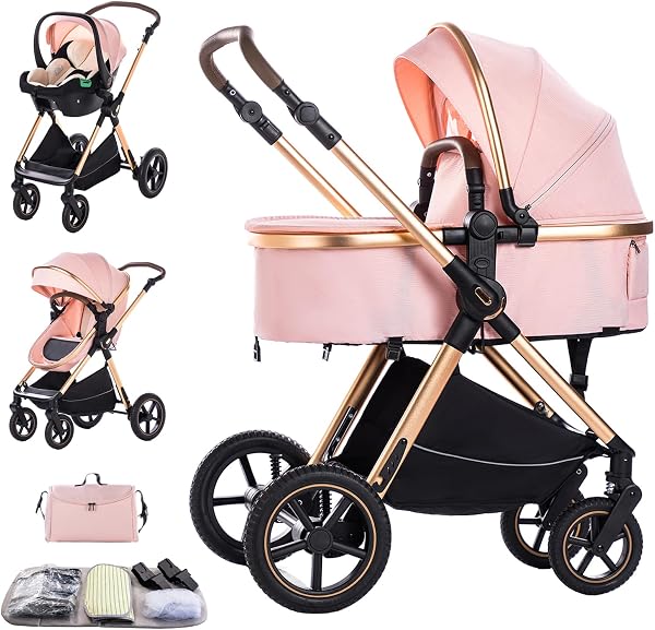 3 in 1 Baby Stroller with Height Adjustable Handle,3 in 1 Prams Travel System, Lightweight Foldable Pushchair, Prams with Aluminum Frame for Portable Baby Carriage (D2 Pink, H2-D) - 1
